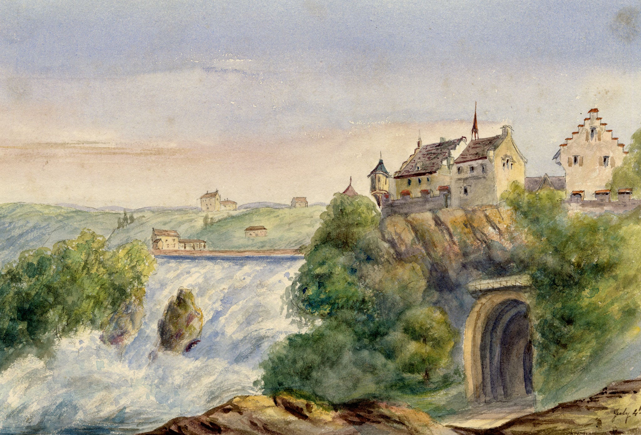 Anon., Rhine Falls, Schaffhausen, Switzerland – Mid-19th-century watercolour painting