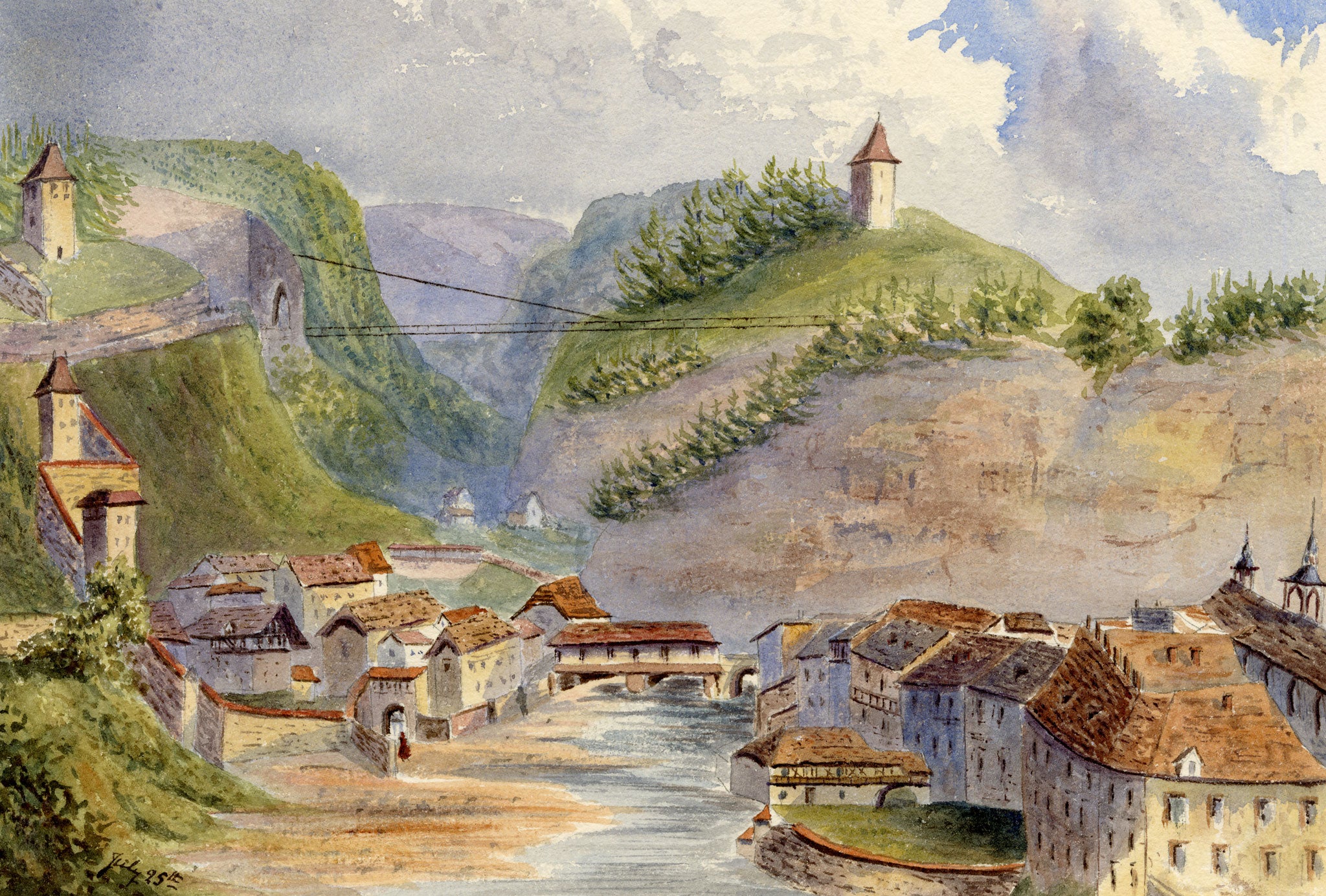 Anon., Grand Pont Suspendu, Fribourg, Switzerland – Mid-19th-century watercolour painting