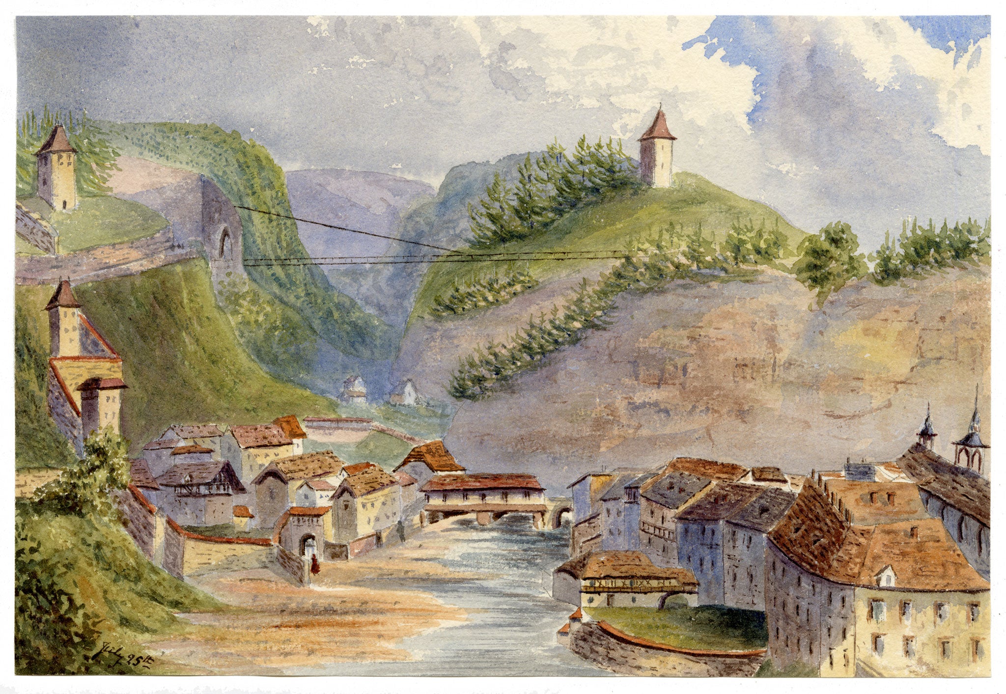 Anon., Grand Pont Suspendu, Fribourg, Switzerland – Mid-19th-century watercolour painting
