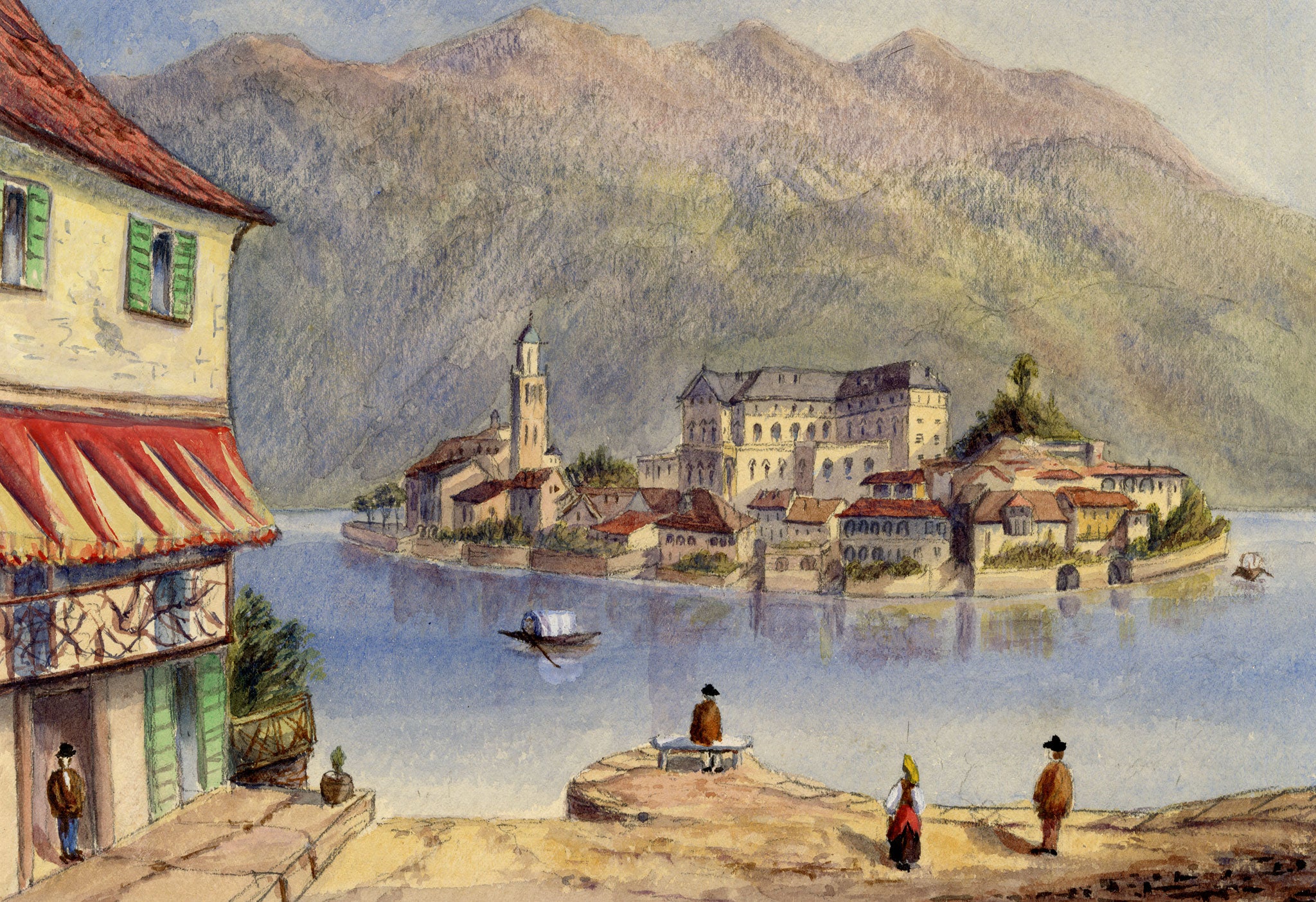 Anon., San Giulio Island, Lake Orta, Italy – Mid-19th-century watercolour painting