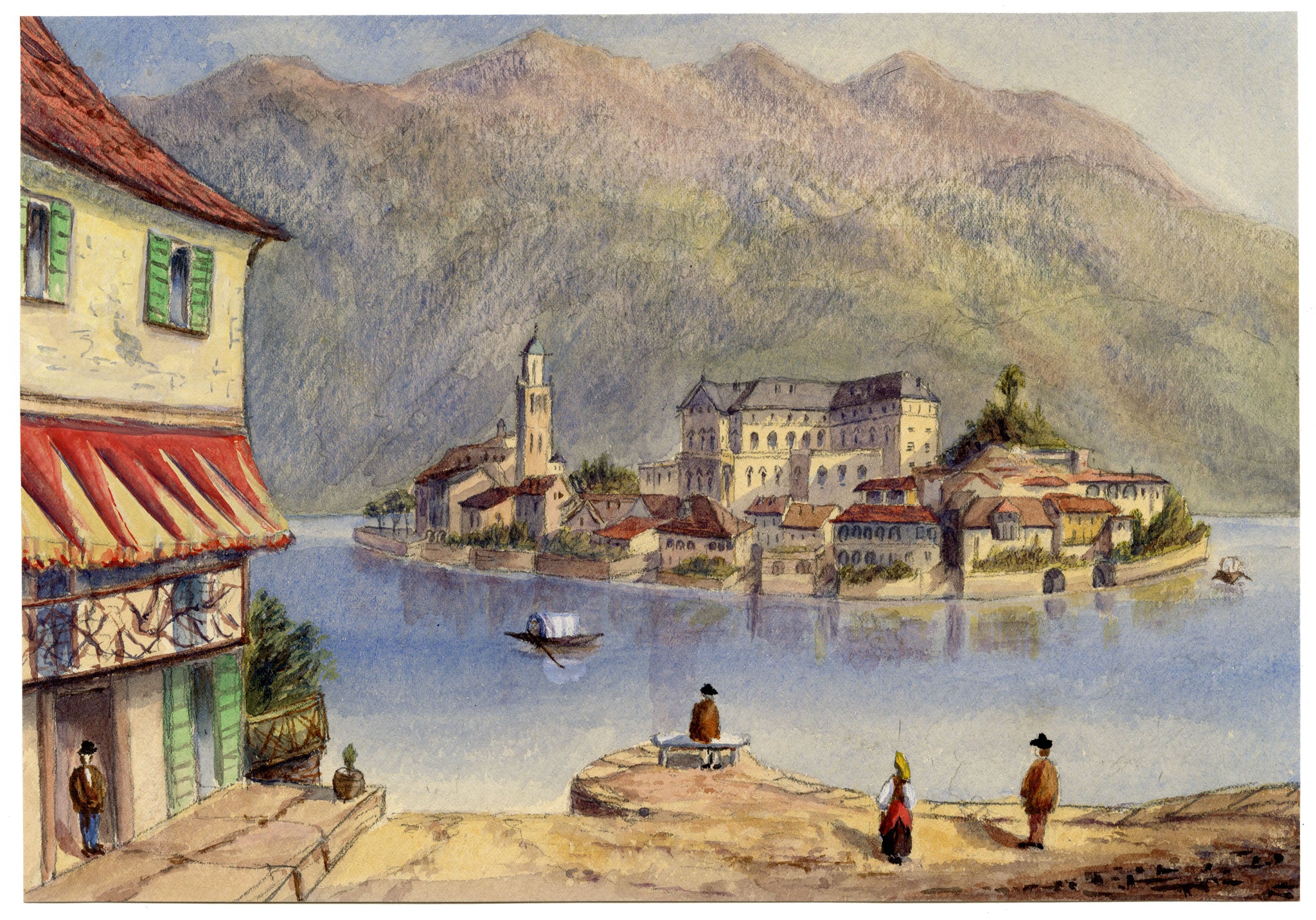 Anon., San Giulio Island, Lake Orta, Italy – Mid-19th-century watercolour painting