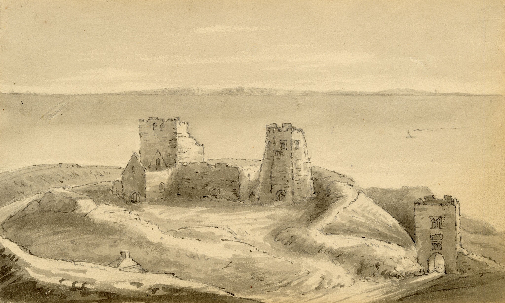 John Maule, Roman Fortress at Dover Castle from Top of the Keep, Kent – 1814 watercolour painting
