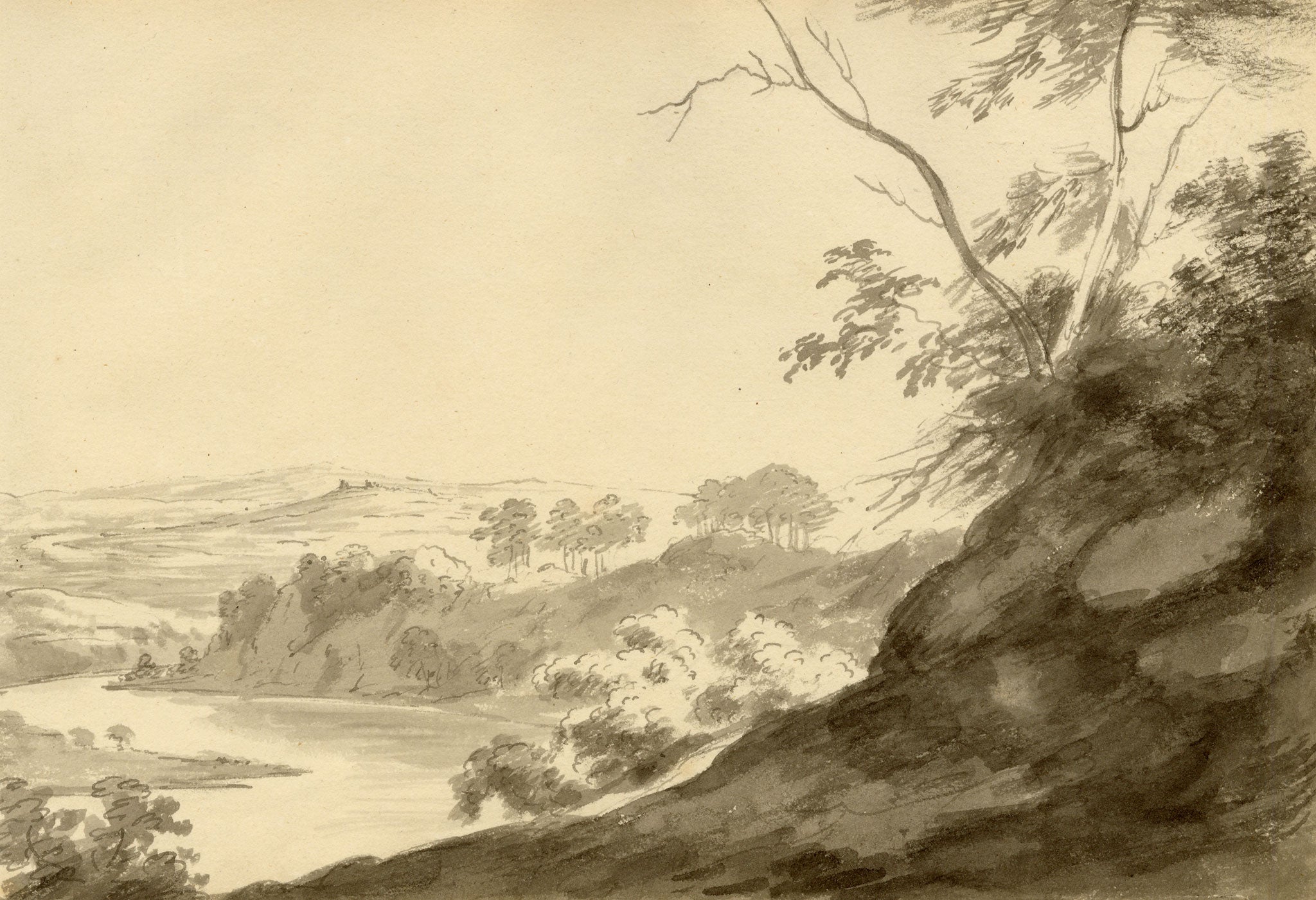 John Maule, River Ribble from Red Scar above Preston, Lancashire – 1792 watercolour painting