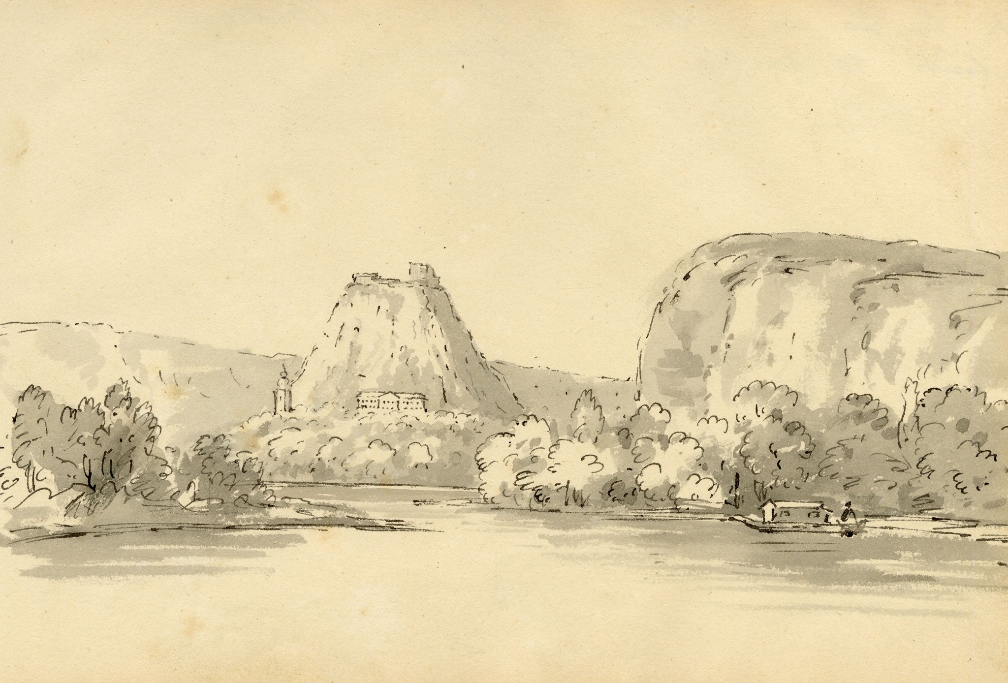 John Maule, Danube River with Chateau of Count Batoni near Vienna, Austria – 1792 watercolour painting