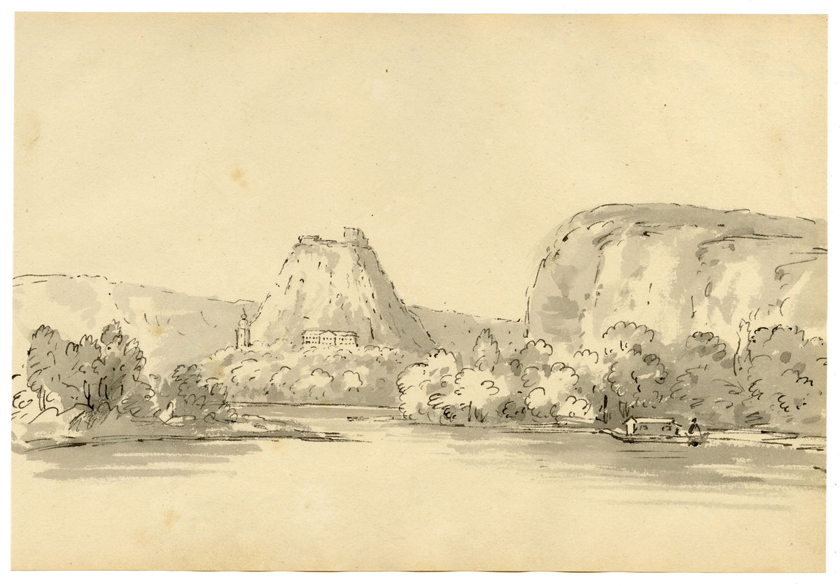 John Maule, Danube River with Chateau of Count Batoni near Vienna, Austria – 1792 watercolour painting