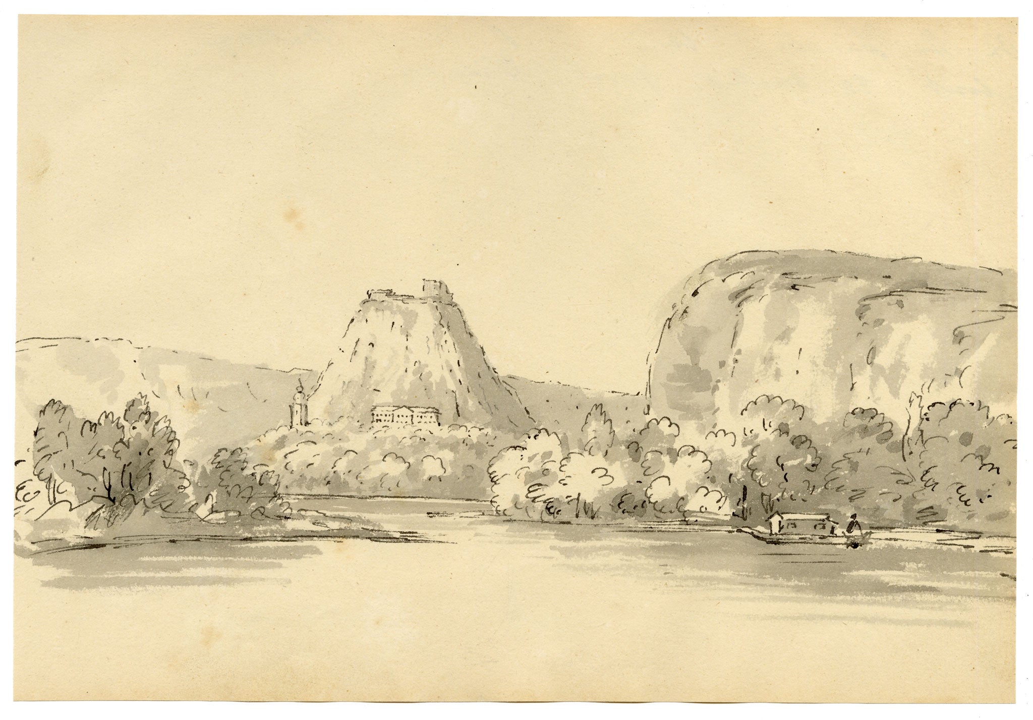 John Maule, Danube River with Chateau of Count Batoni near Vienna, Austria – 1792 watercolour painting