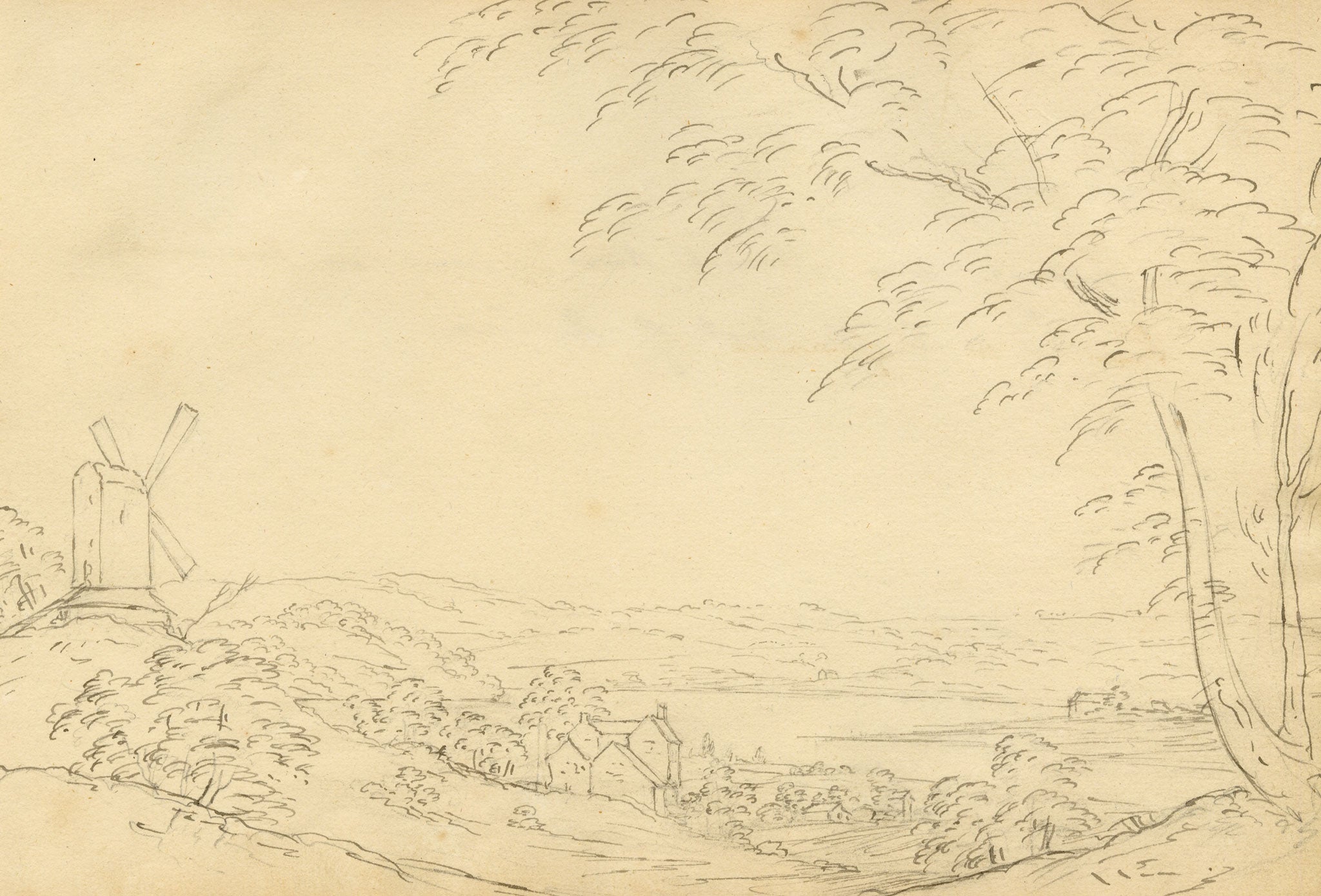 John Maule, Ipswich River to the West of the Town, Suffolk – 1793 pen & ink drawing