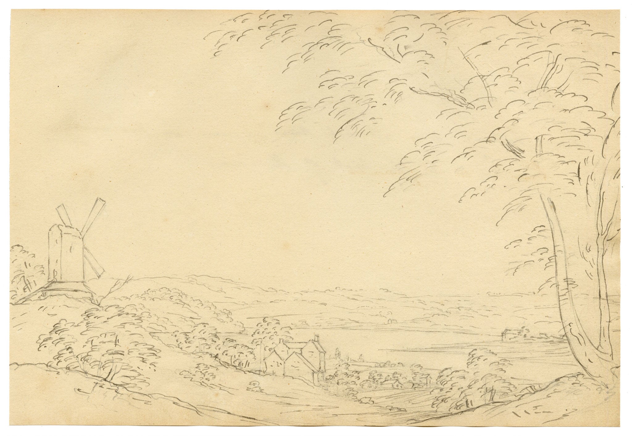 John Maule, Ipswich River to the West of the Town, Suffolk – 1793 pen & ink drawing