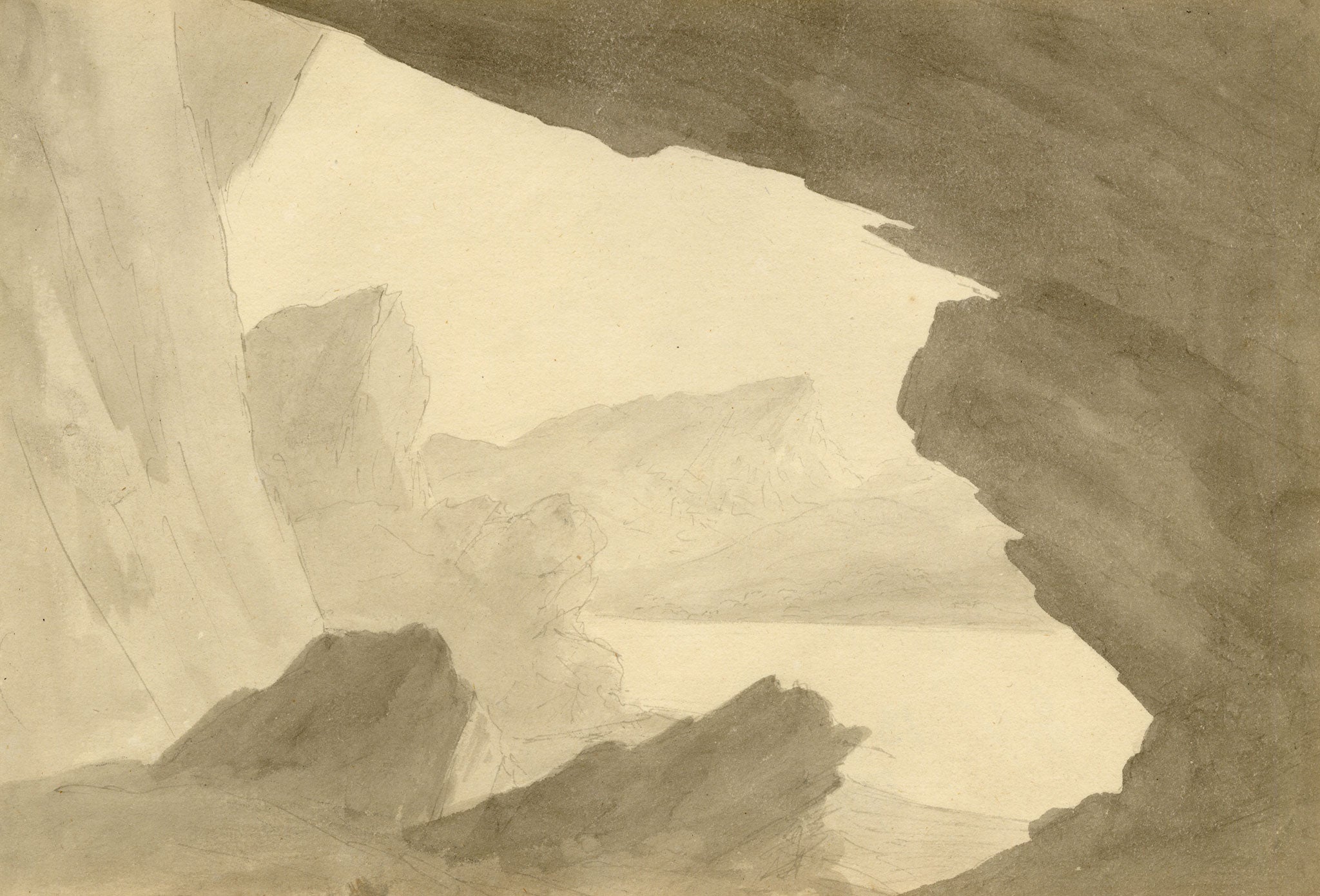 John Maule, Derwent Water from Rocks on the East Side, Lake District – 1792 watercolour painting