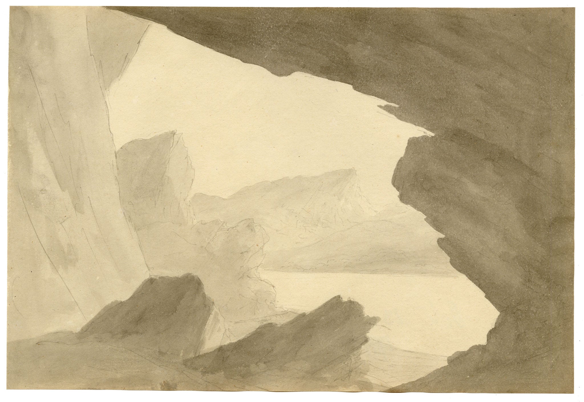 John Maule, Derwent Water from Rocks on the East Side, Lake District – 1792 watercolour painting