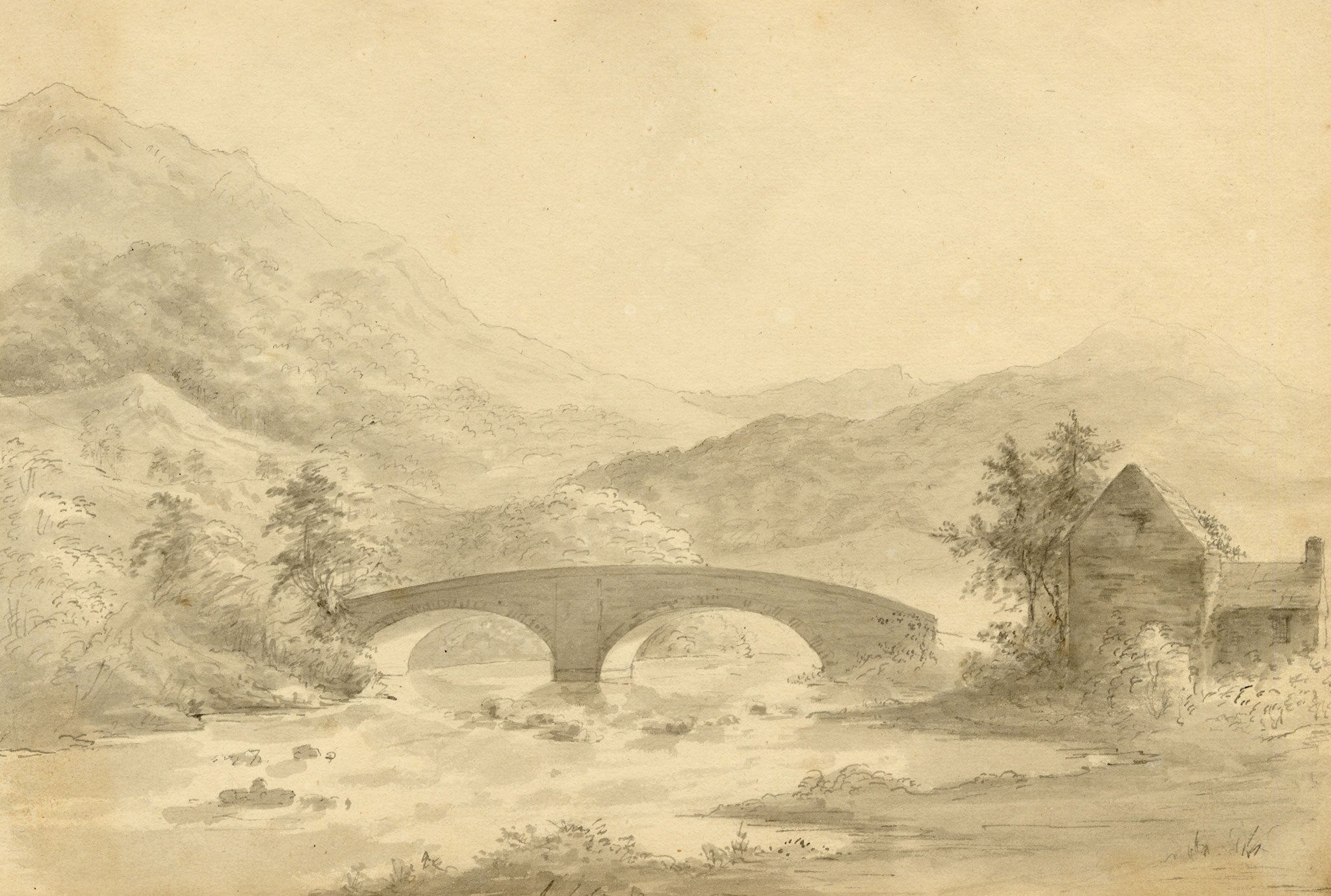 John Maule, Skelwith Bridge on the River Brathay, Lake District – 1792 watercolour painting