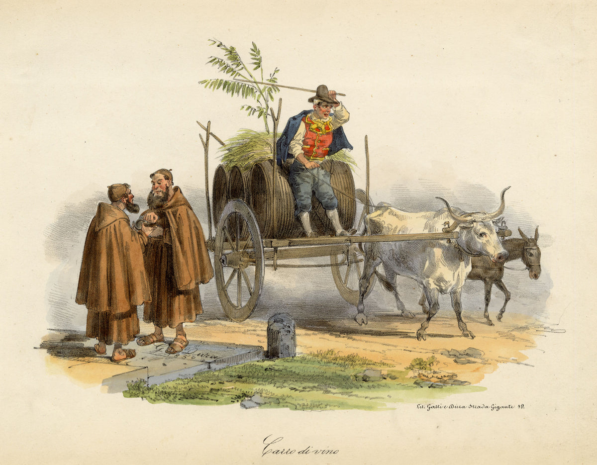 Gaetano Dura, Carro di Vino Neapolitan Wine Cart, Italy – 1850 lithograph print