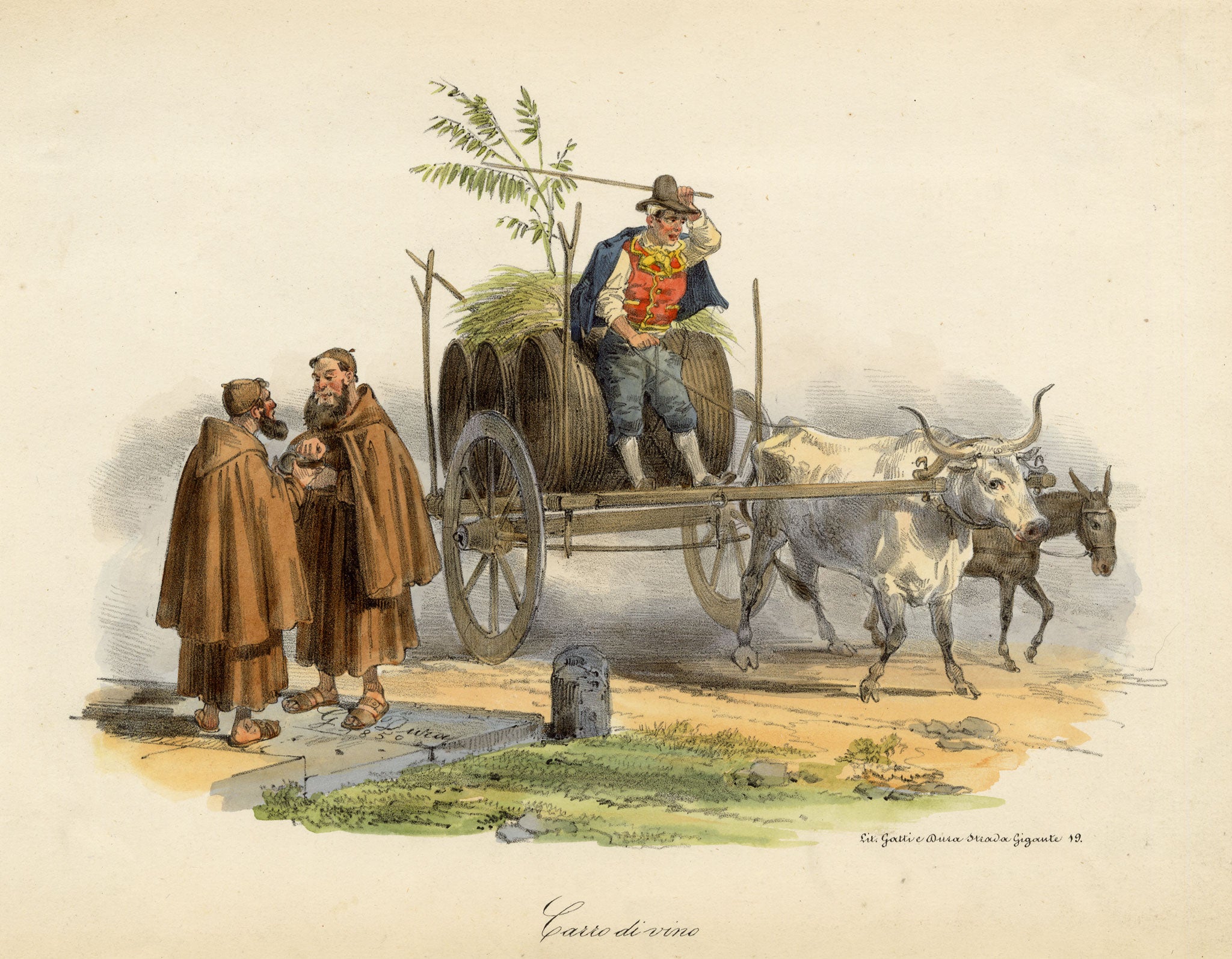 Gaetano Dura, Carro di Vino Neapolitan Wine Cart, Italy – 1850 lithograph print
