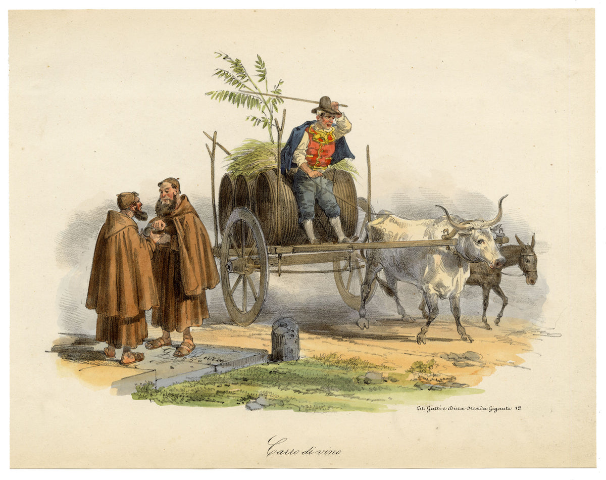 Gaetano Dura, Carro di Vino Neapolitan Wine Cart, Italy – 1850 lithograph print