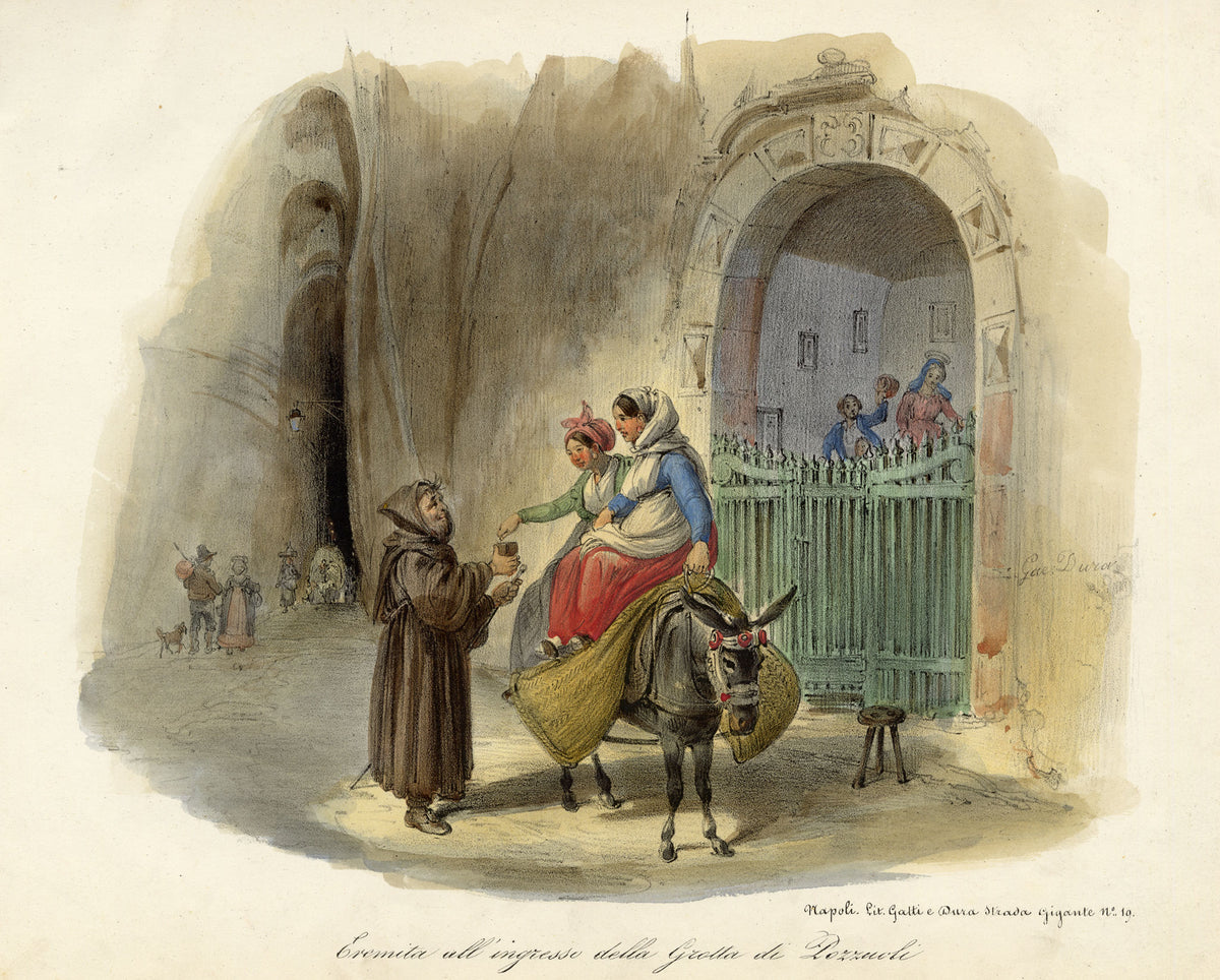 Gaetano Dura, Hermit by Pozzuoli Cave's Entrance, Naples, Italy – Early 19th-century lithograph print