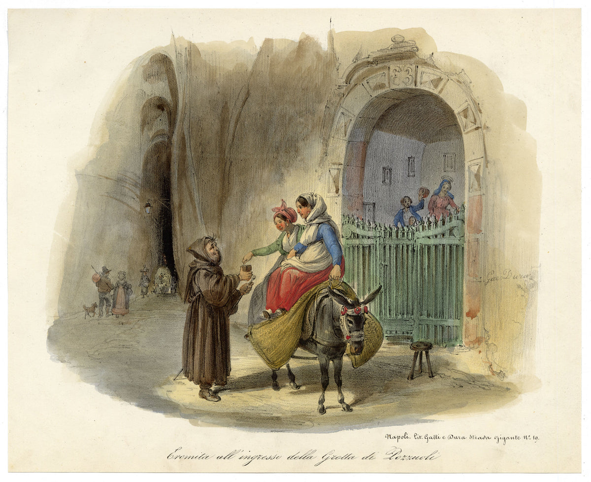 Gaetano Dura, Hermit by Pozzuoli Cave's Entrance, Naples, Italy – Early 19th-century lithograph print