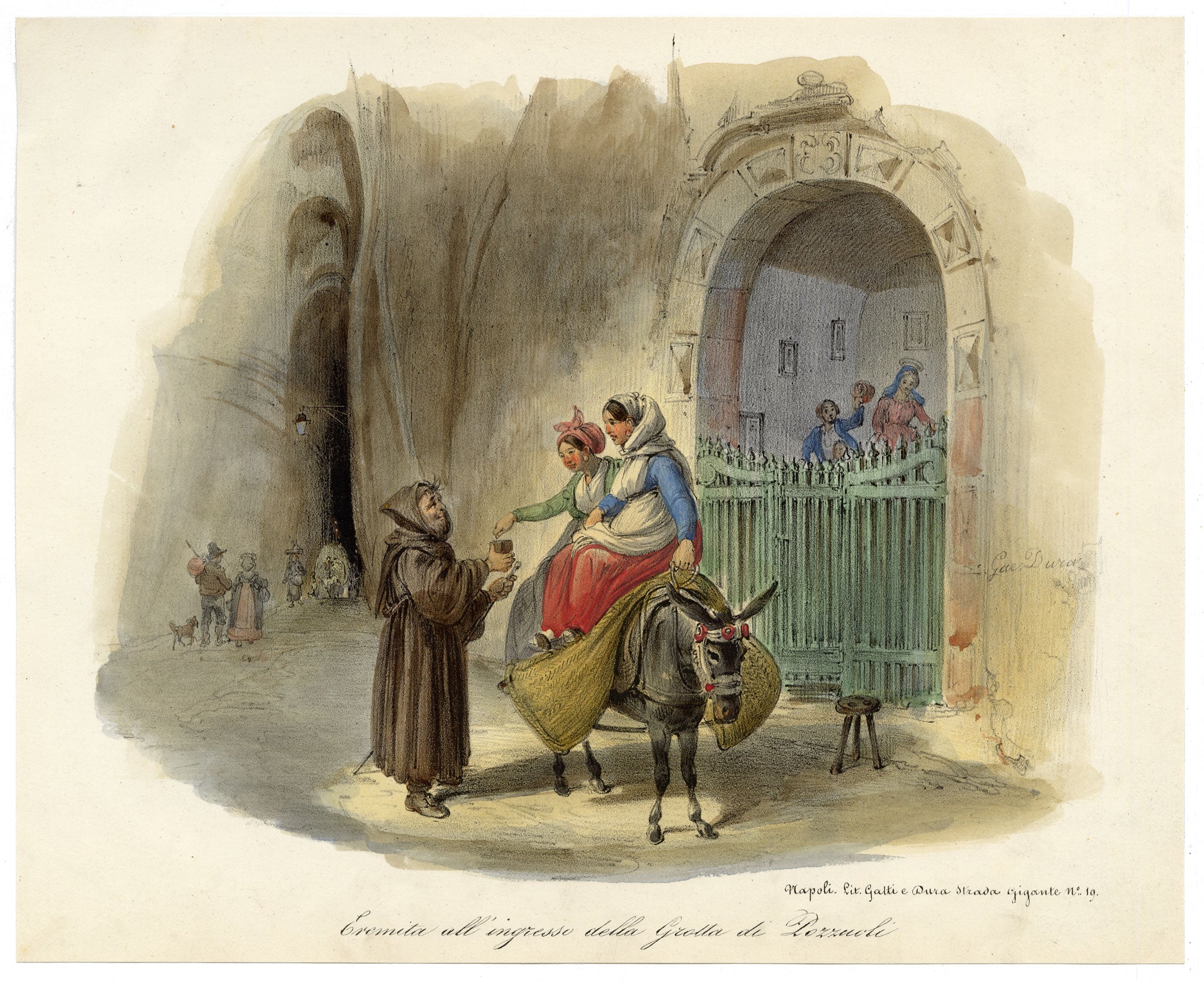 Gaetano Dura, Hermit by Pozzuoli Cave's Entrance, Naples, Italy – Early 19th-century lithograph print