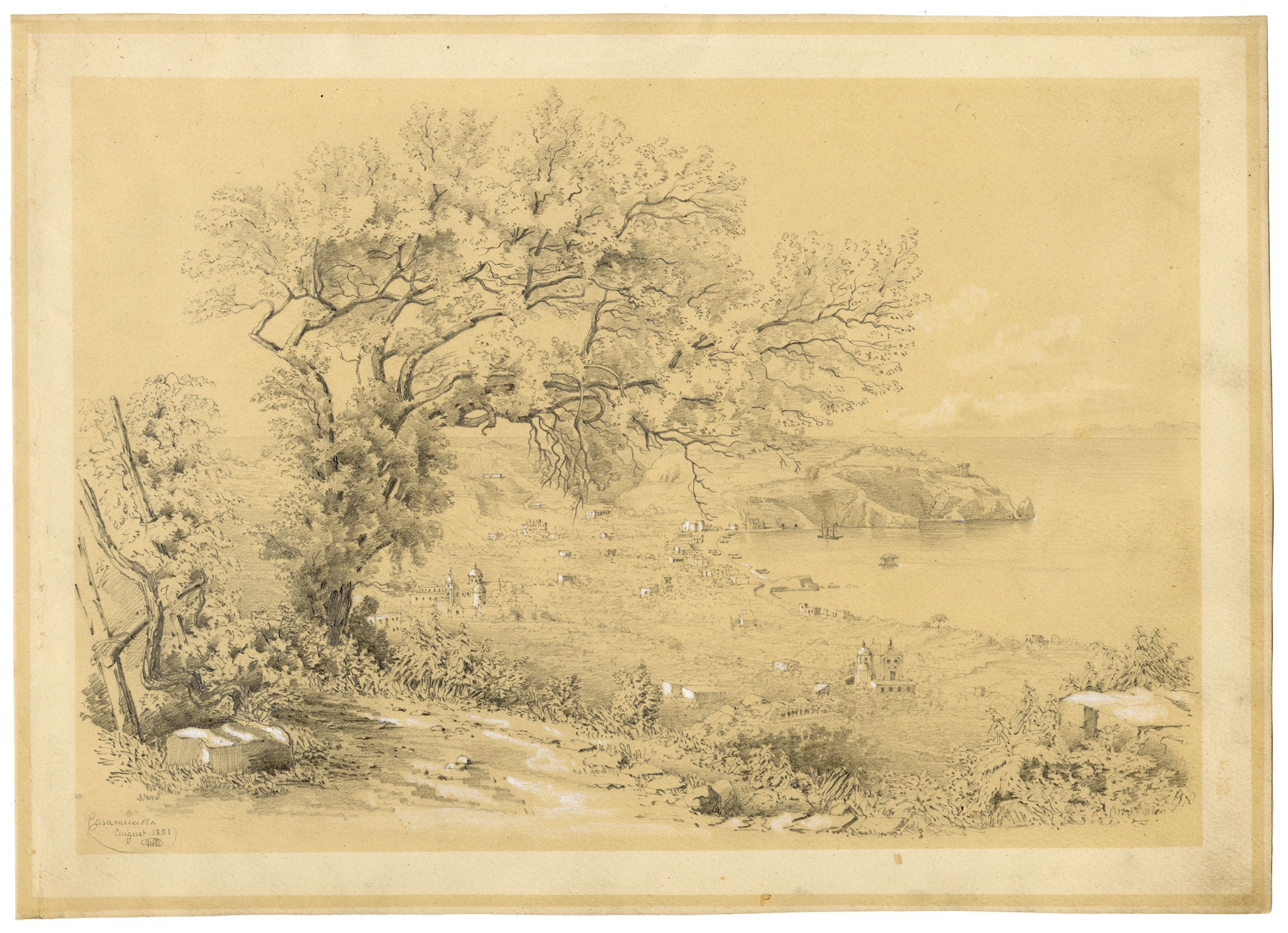 Anon., Casamicciola, Isola d'Ischia, Gulf of Naples, Italy – 1851 graphite drawing