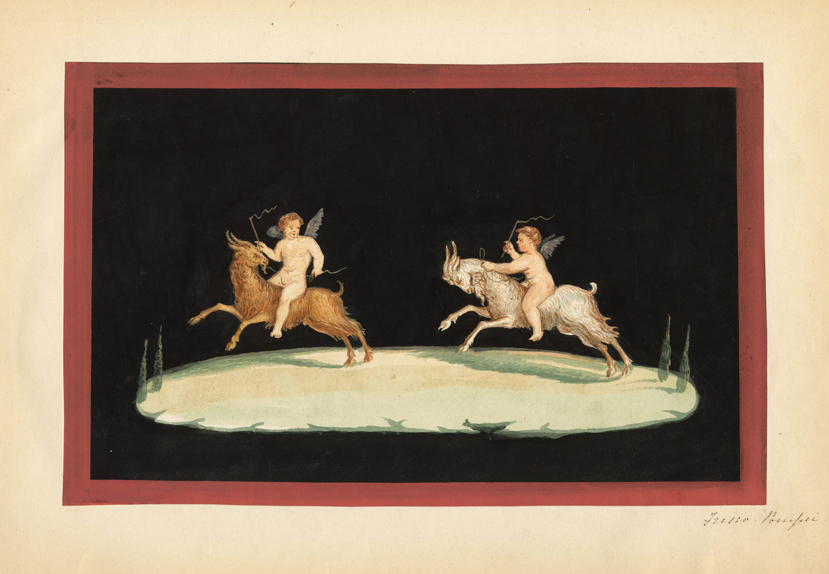 Neapolitan School, Pompeii Fresco: Putti Riding Goats – Early 19th-century gouache painting