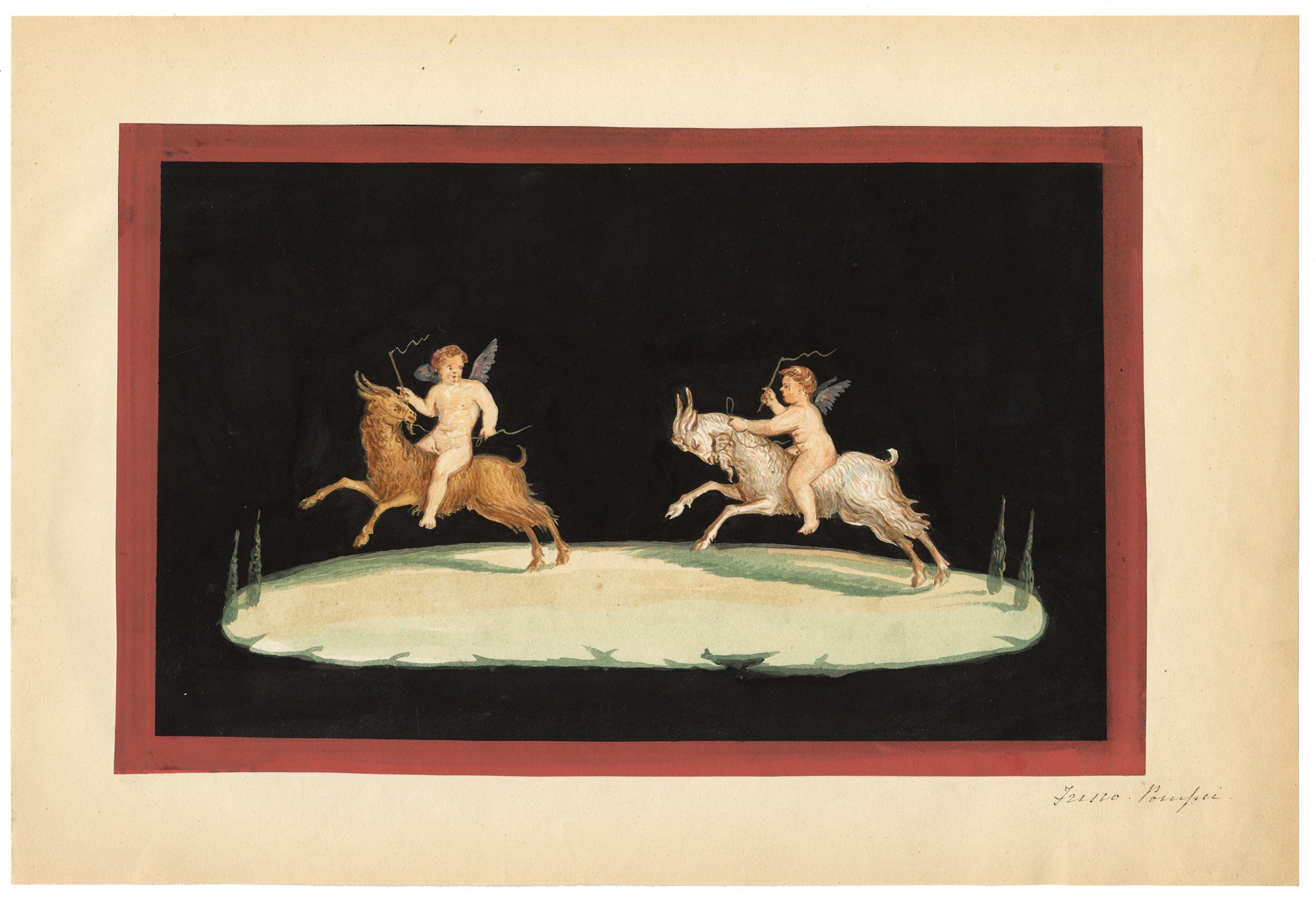 Neapolitan School, Pompeii Fresco: Putti Riding Goats – Early 19th-century gouache painting