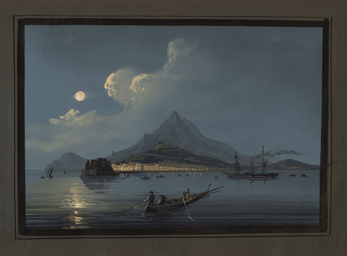 Neapolitan School, Isola d'Ischia by Moonlight, Bay of Naples, Italy – Early 19th-century gouache painting