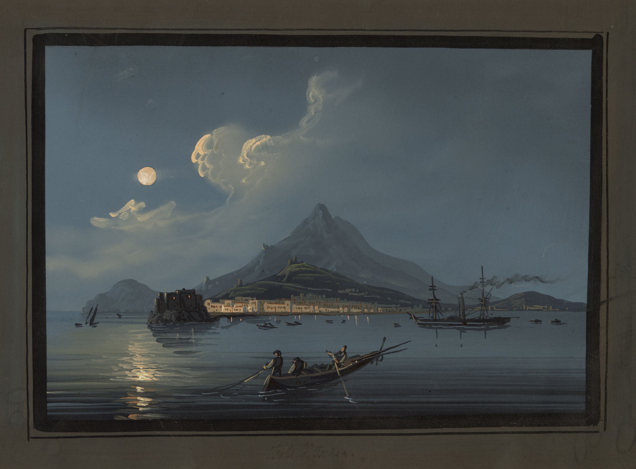 Neapolitan School, Isola d'Ischia by Moonlight, Bay of Naples, Italy – Early 19th-century gouache painting