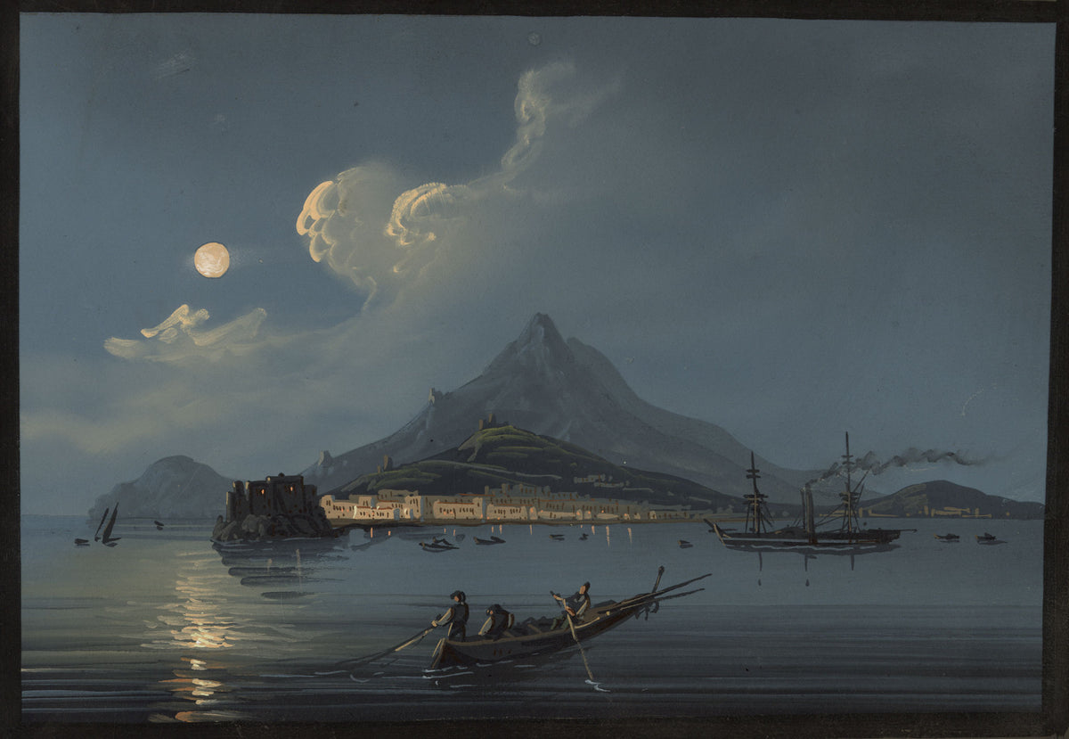 Neapolitan School, Isola d'Ischia by Moonlight, Bay of Naples, Italy – Early 19th-century gouache painting