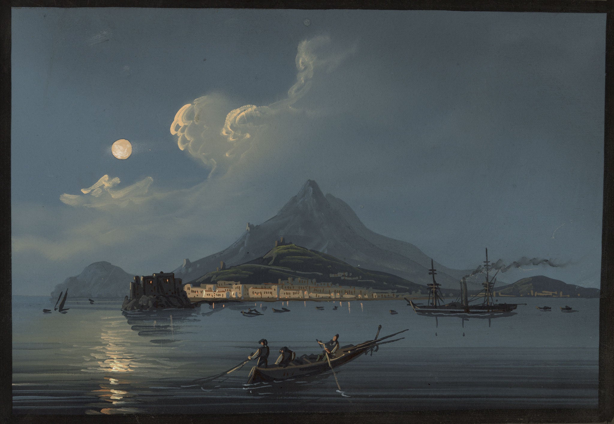 Neapolitan School, Isola d'Ischia by Moonlight, Bay of Naples, Italy – Early 19th-century gouache painting