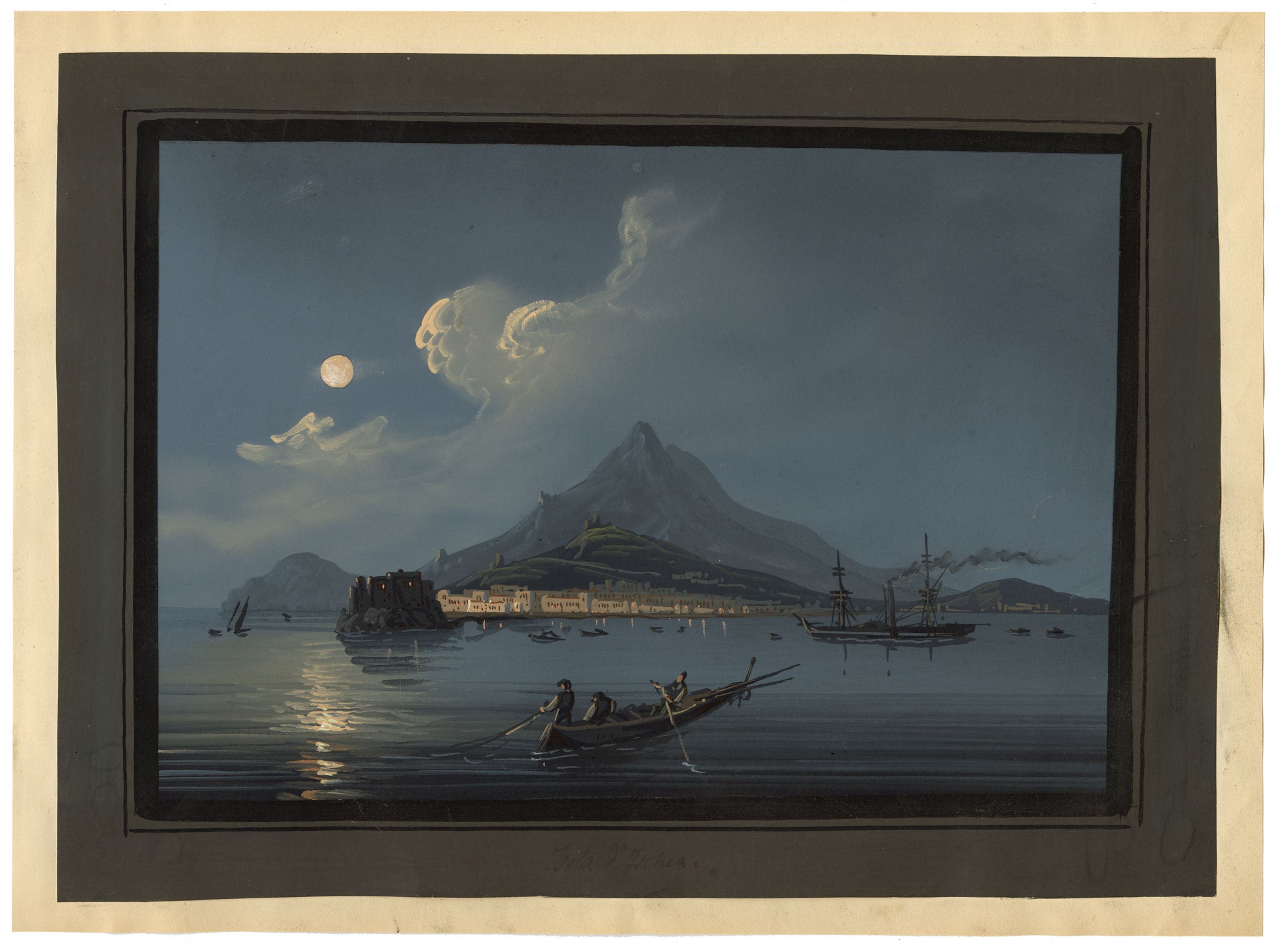Neapolitan School, Isola d'Ischia by Moonlight, Bay of Naples, Italy – Early 19th-century gouache painting