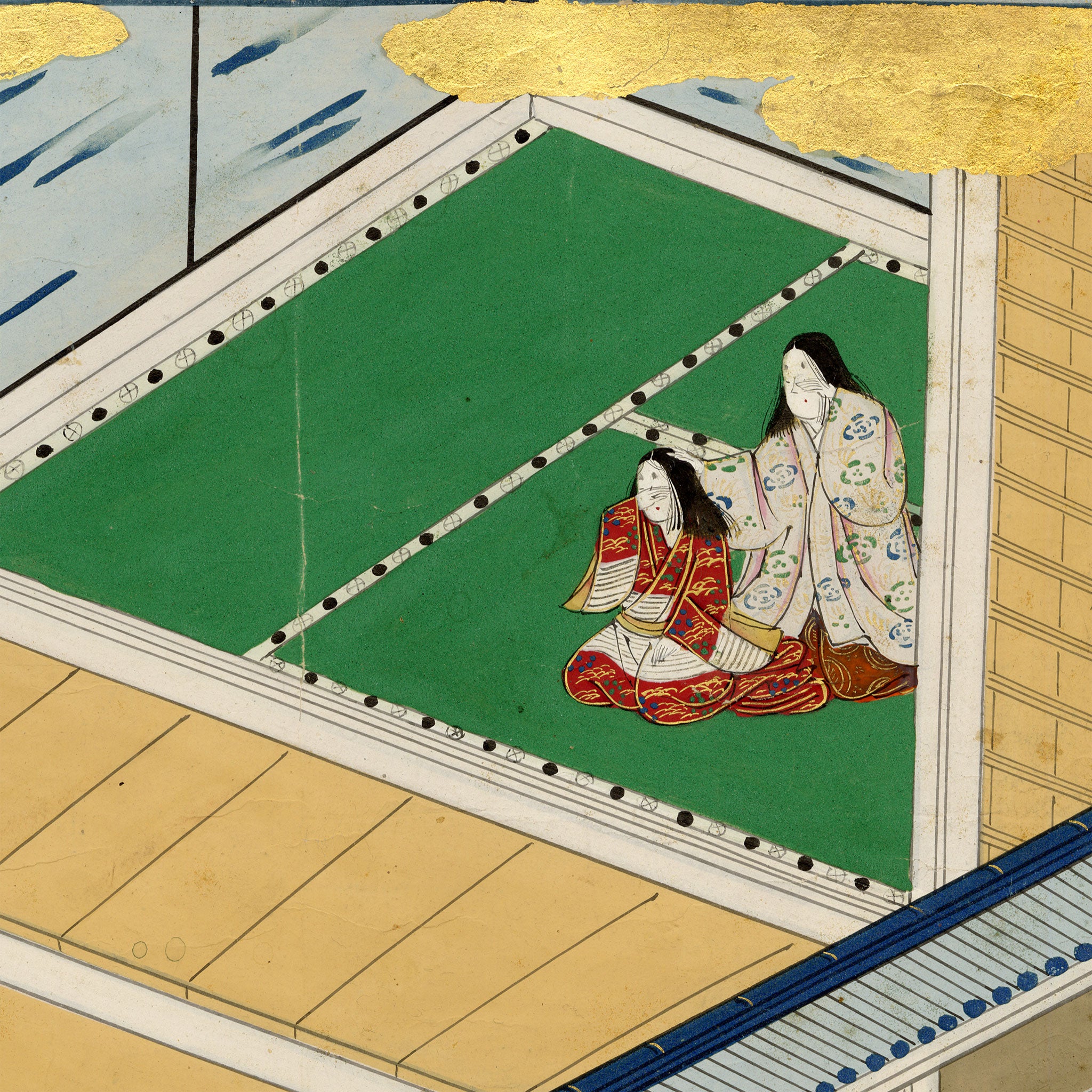 Tosa School, Japanese Scene from a Courtly Tale, Possibly Tale of Genji – 17th-century painting in colour, gofun & gold
