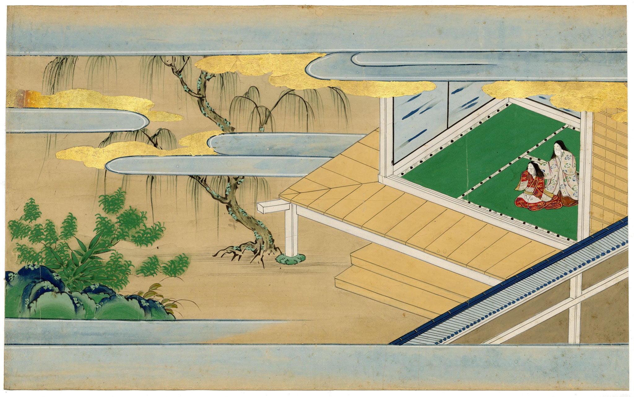 Tosa School, Japanese Scene from a Courtly Tale, Possibly Tale of Genji – 17th-century painting in colour, gofun & gold
