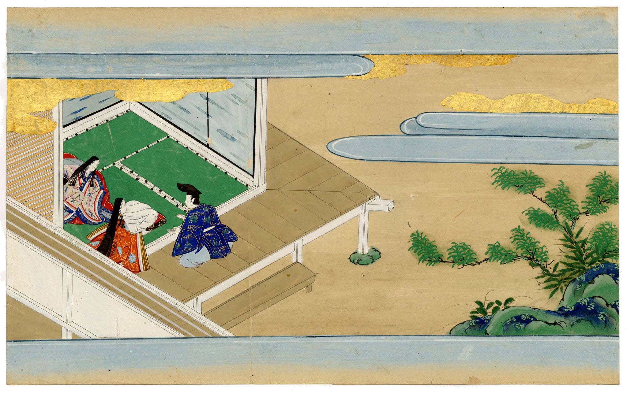 Tosa School, Japanese Scene from a Courtly Tale, Possibly Tale of Genji – 17th-century painting in colour, gofun & gold