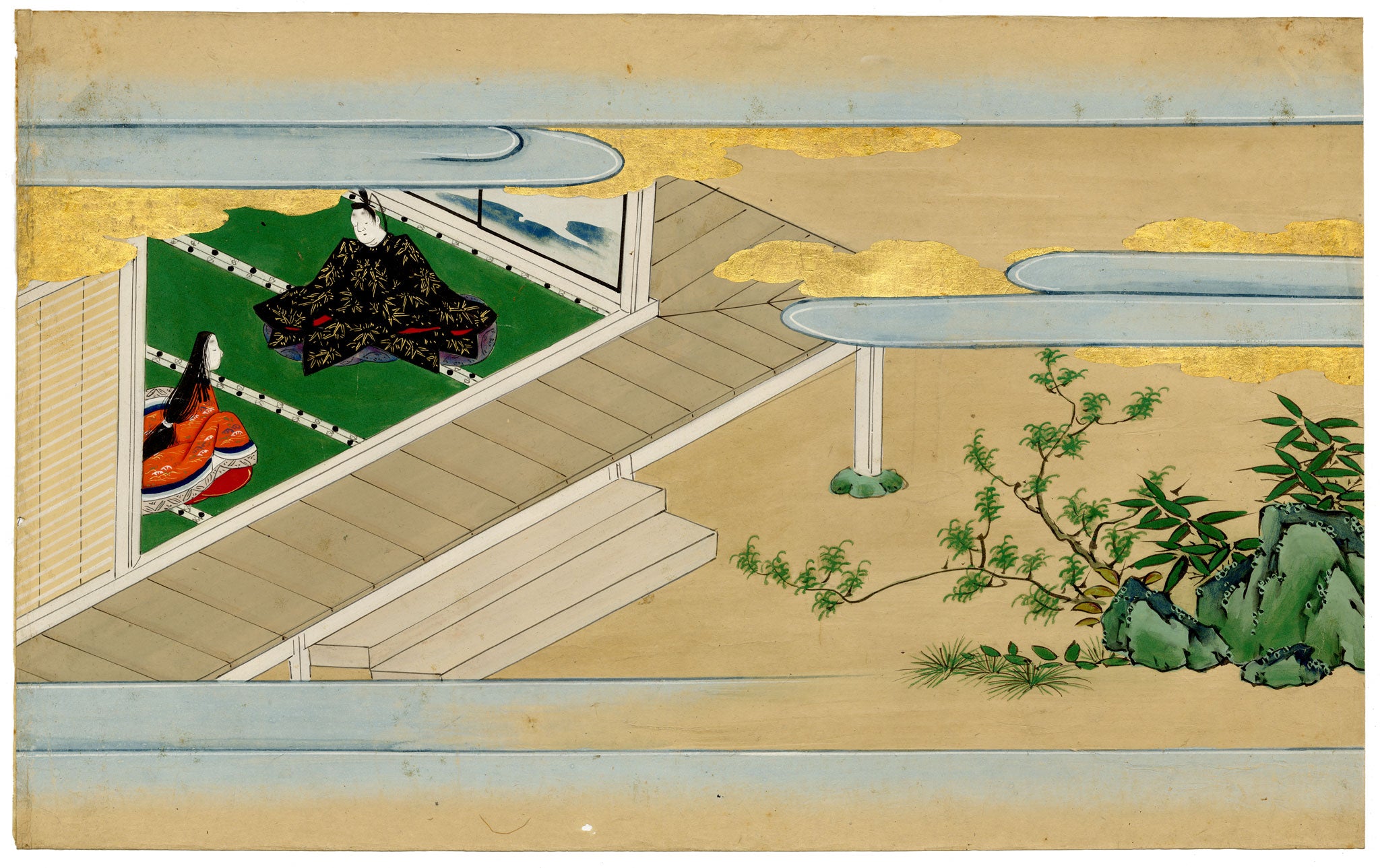Tosa School, Japanese Scene from a Courtly Tale, Possibly Tale of Genji – 17th-century painting in colour, gofun & gold