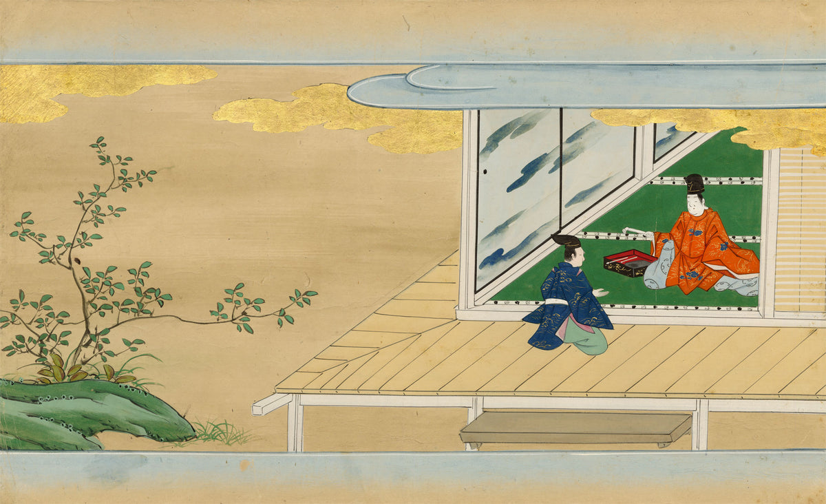 Tosa School, Japanese Scene from a Courtly Tale, Possibly Tale of Genji – 17th-century painting in colour, gofun & gold