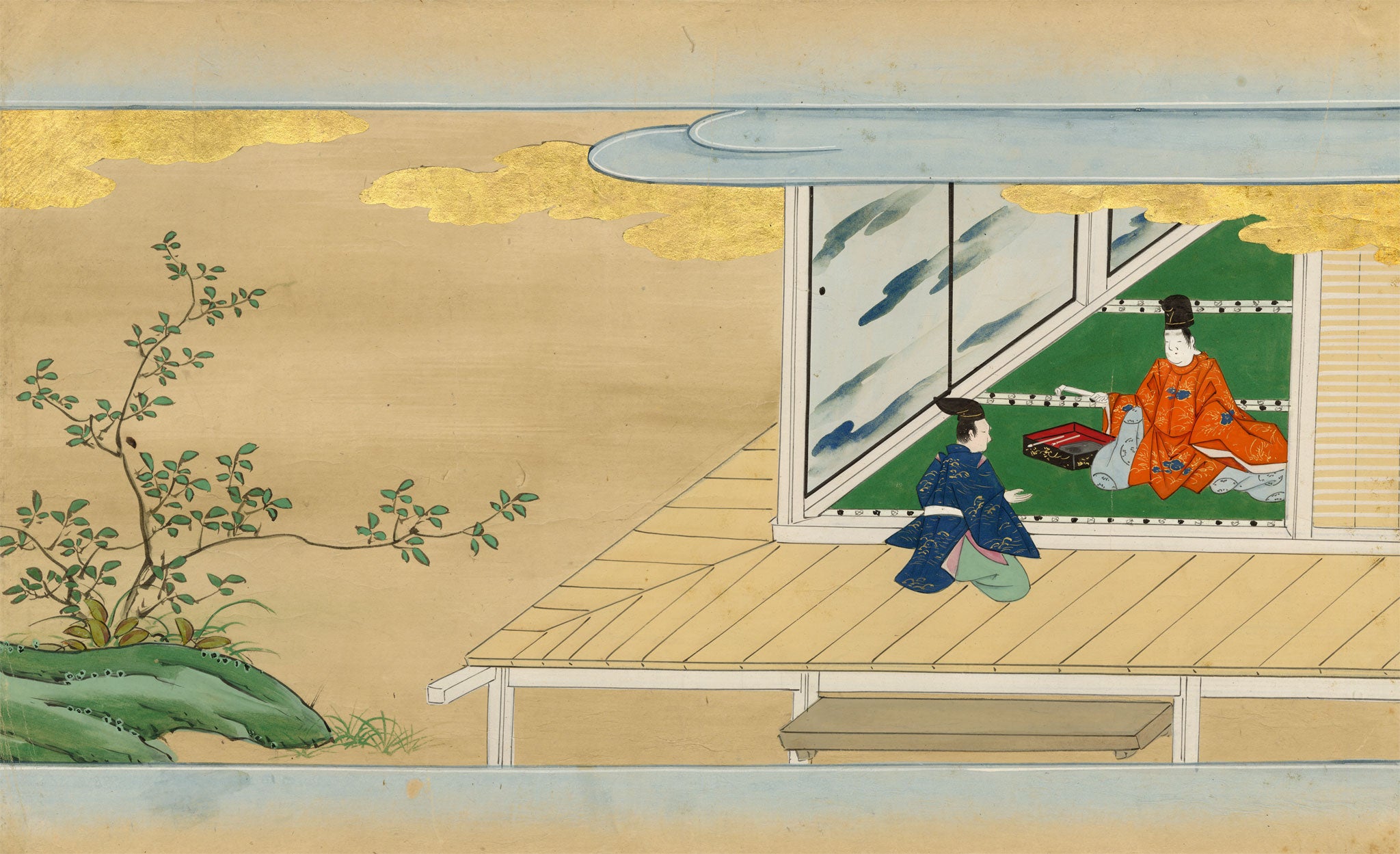 Tosa School, Japanese Scene from a Courtly Tale, Possibly Tale of Genji – 17th-century painting in colour, gofun & gold