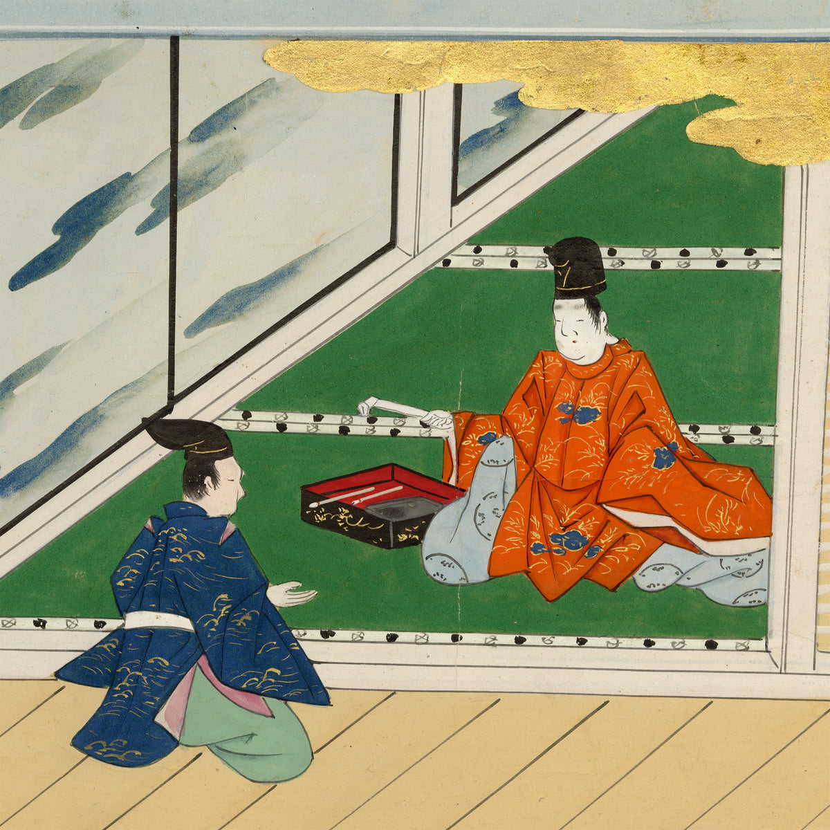 Tosa School, Japanese Scene from a Courtly Tale, Possibly Tale of Genji – 17th-century painting in colour, gofun & gold