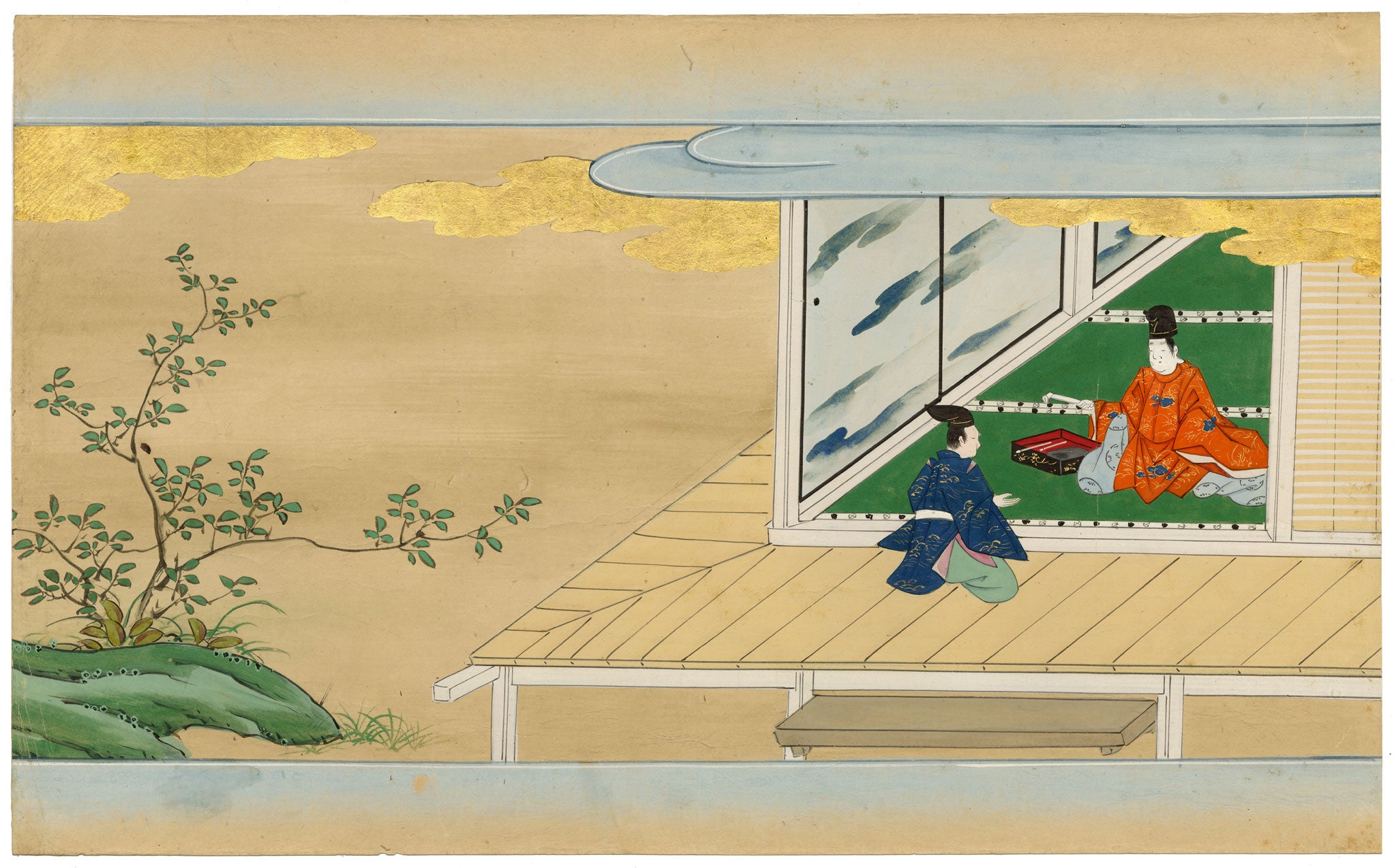 Tosa School, Japanese Scene from a Courtly Tale, Possibly Tale of Genji – 17th-century painting in colour, gofun & gold