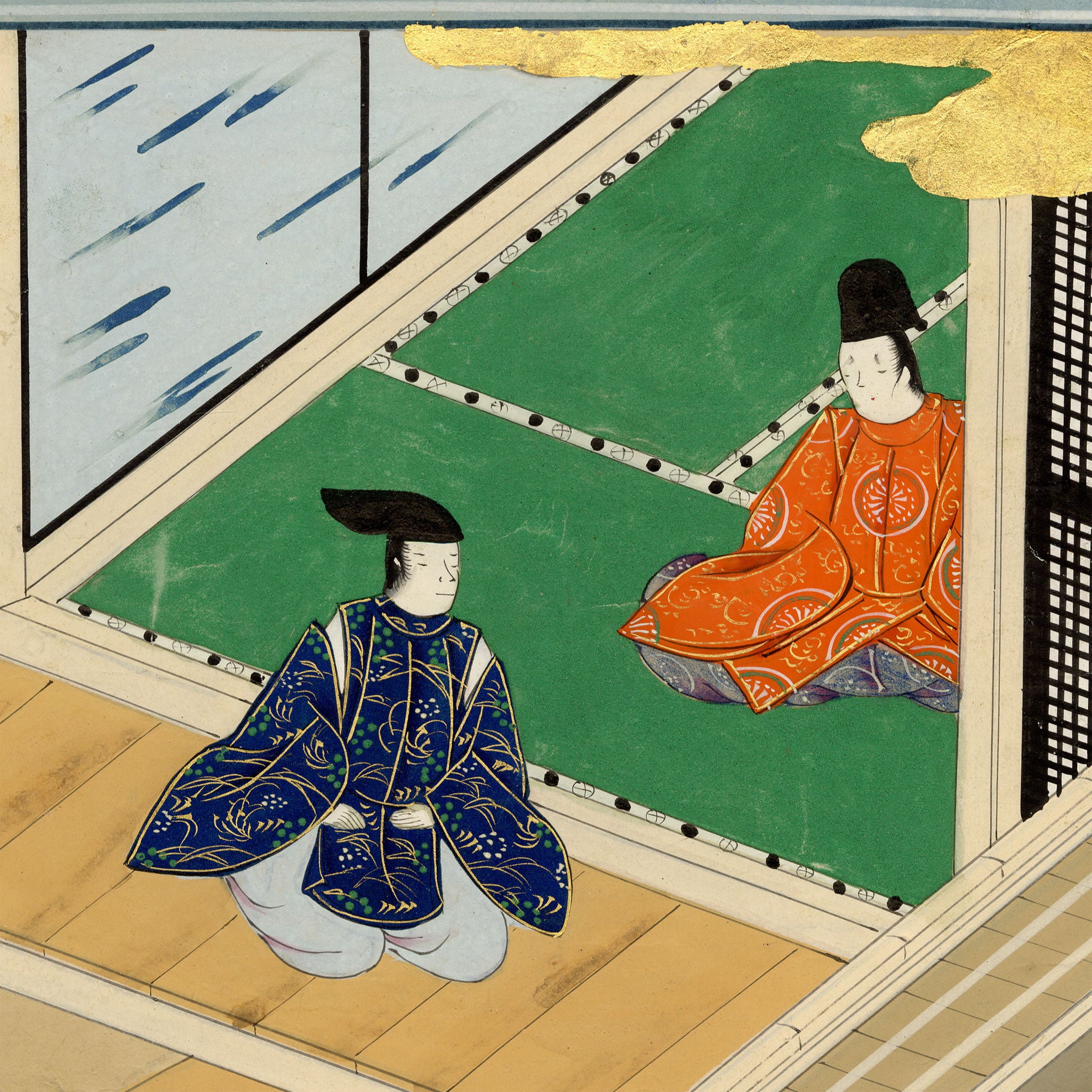 Tosa School, Japanese Scene from a Courtly Tale, Possibly Tale of Genji – 17th-century painting in colour, gofun & gold