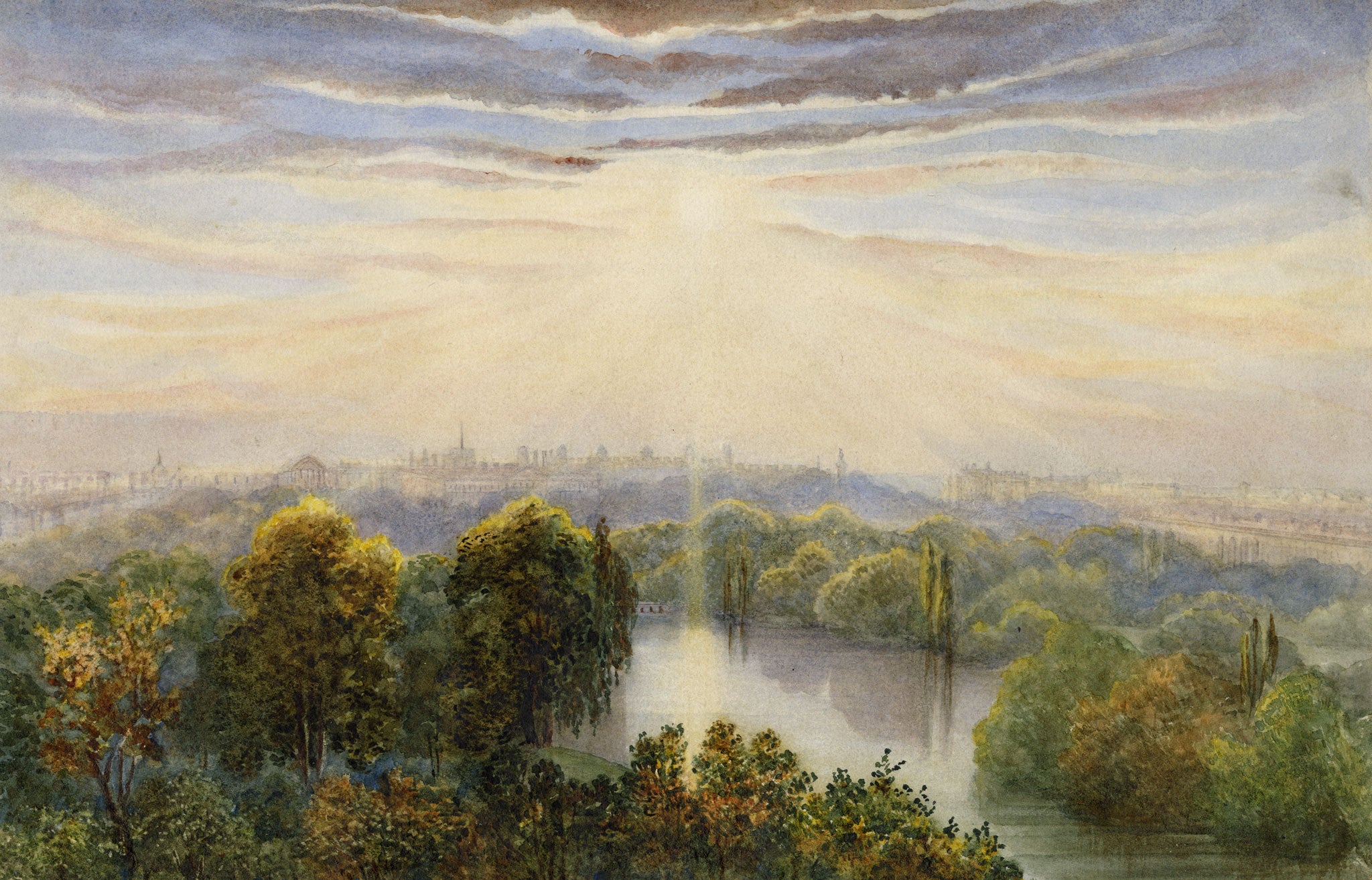 Anon., Buckingham Palace from the India Office Upper Window, Sunset, London – Late 19th-century watercolour painting