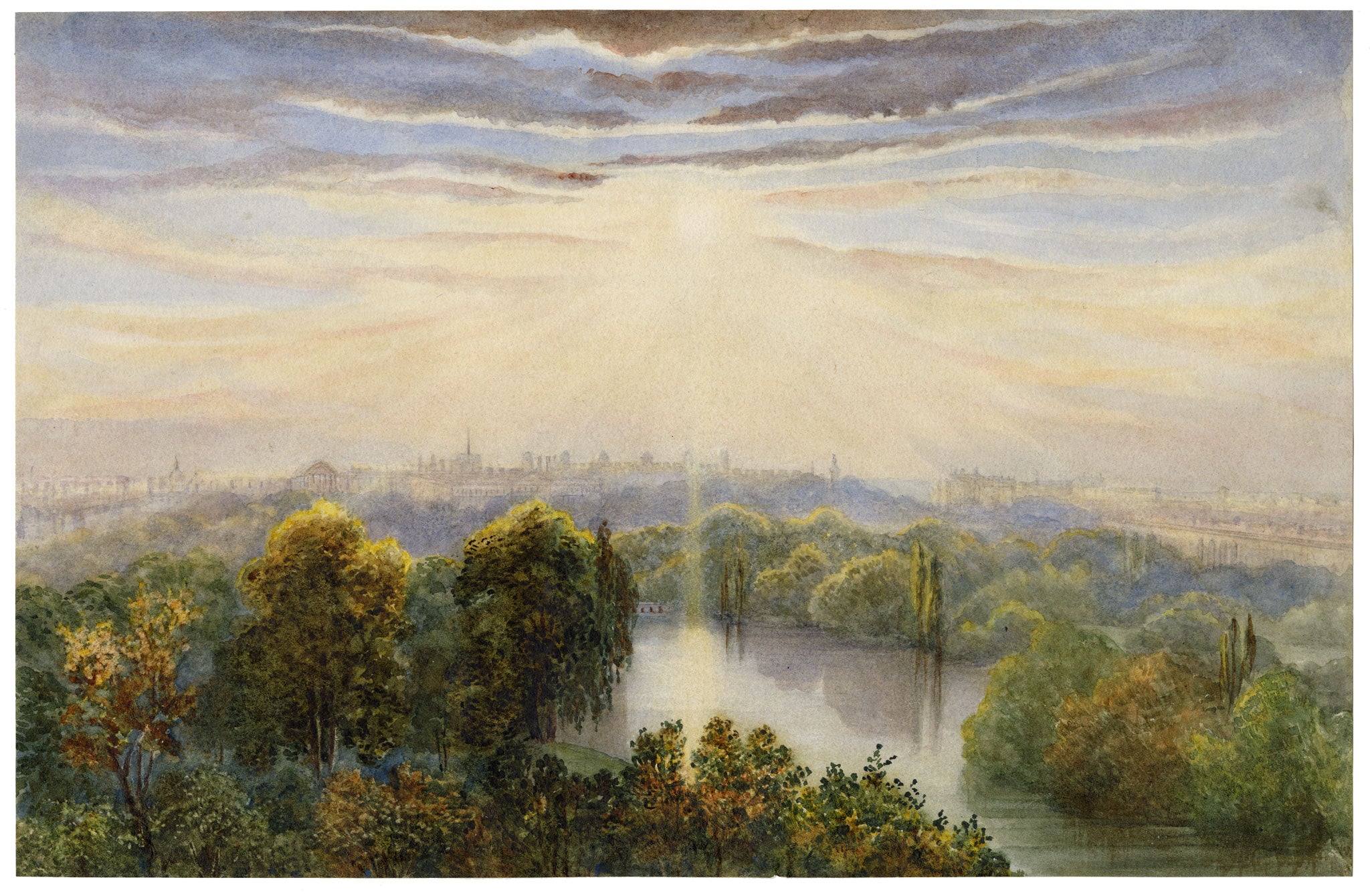 Anon., Buckingham Palace from the India Office Upper Window, Sunset, London – Late 19th-century watercolour painting