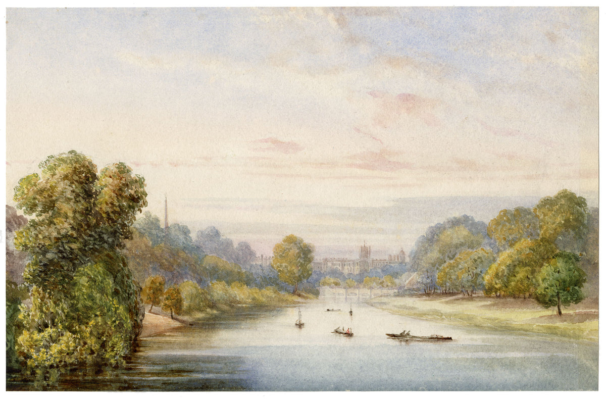 Anon., From the Bridge over the Serpentine, Looking to Kensington Palace, London – Late 19th-century watercolour painting