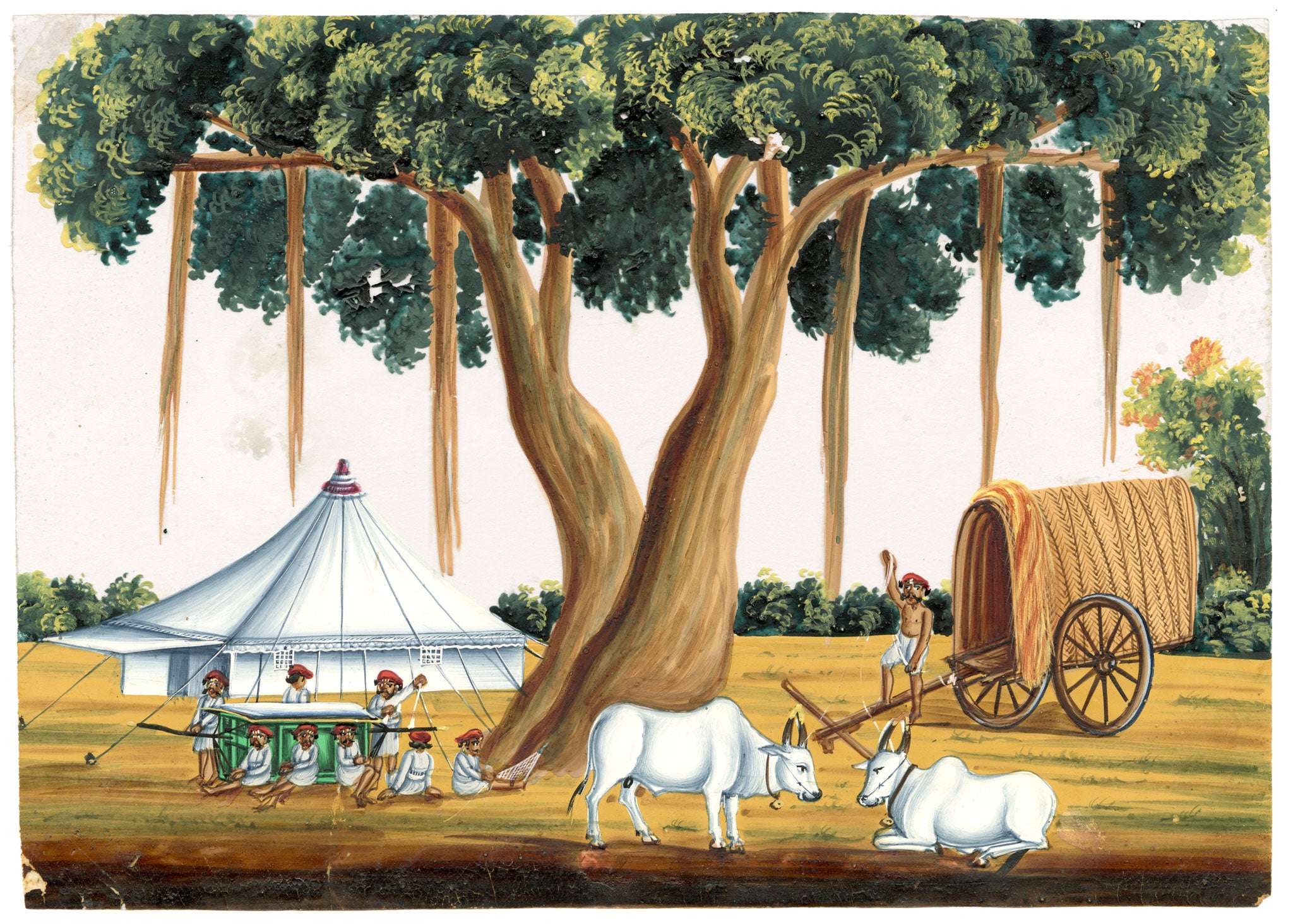Indian Company School Mid-19th-century Gouache Mica Painting c.1850 – Tent Pitched under Banyan Tree