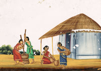 Indian Company School Mid-19th-century Gouache Mica Painting c.1850 – Women Husking the Rice