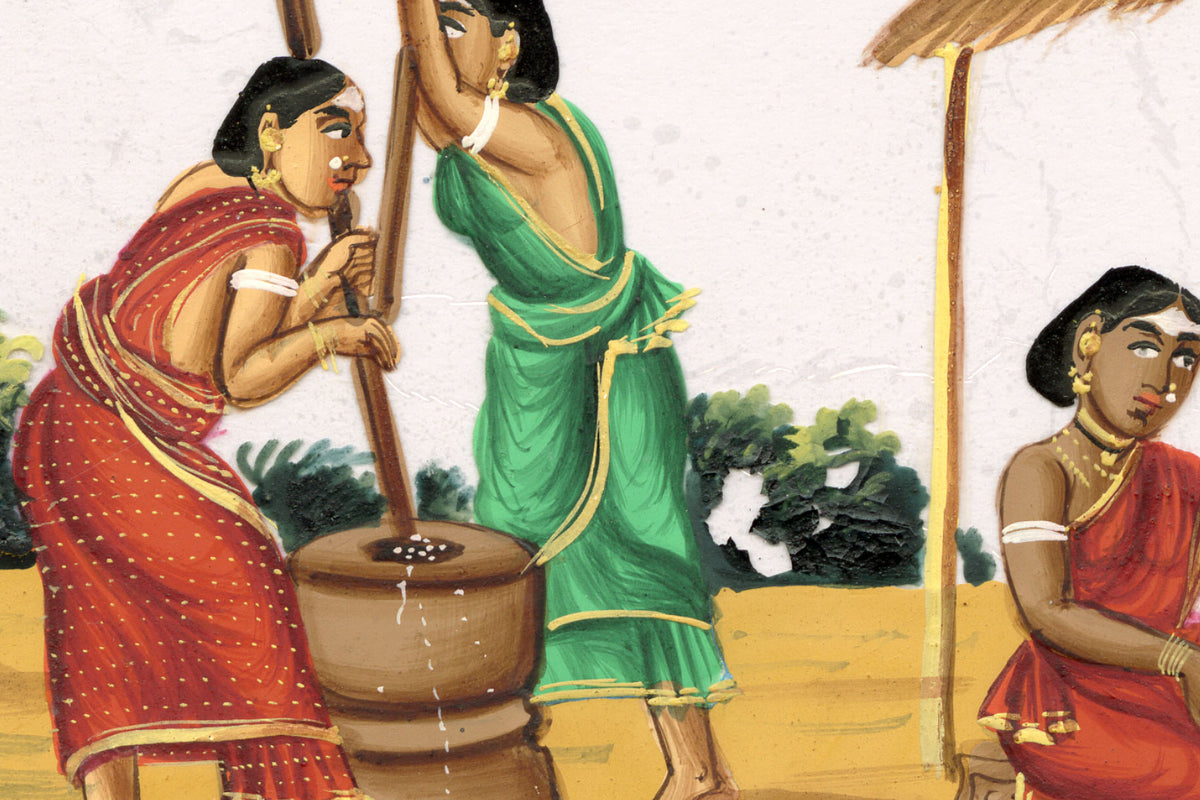 Indian Company School Mid-19th-century Gouache Mica Painting c.1850 – Women Husking the Rice