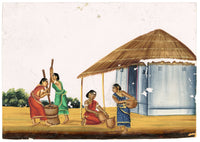 Indian Company School Mid-19th-century Gouache Mica Painting c.1850 – Women Husking the Rice