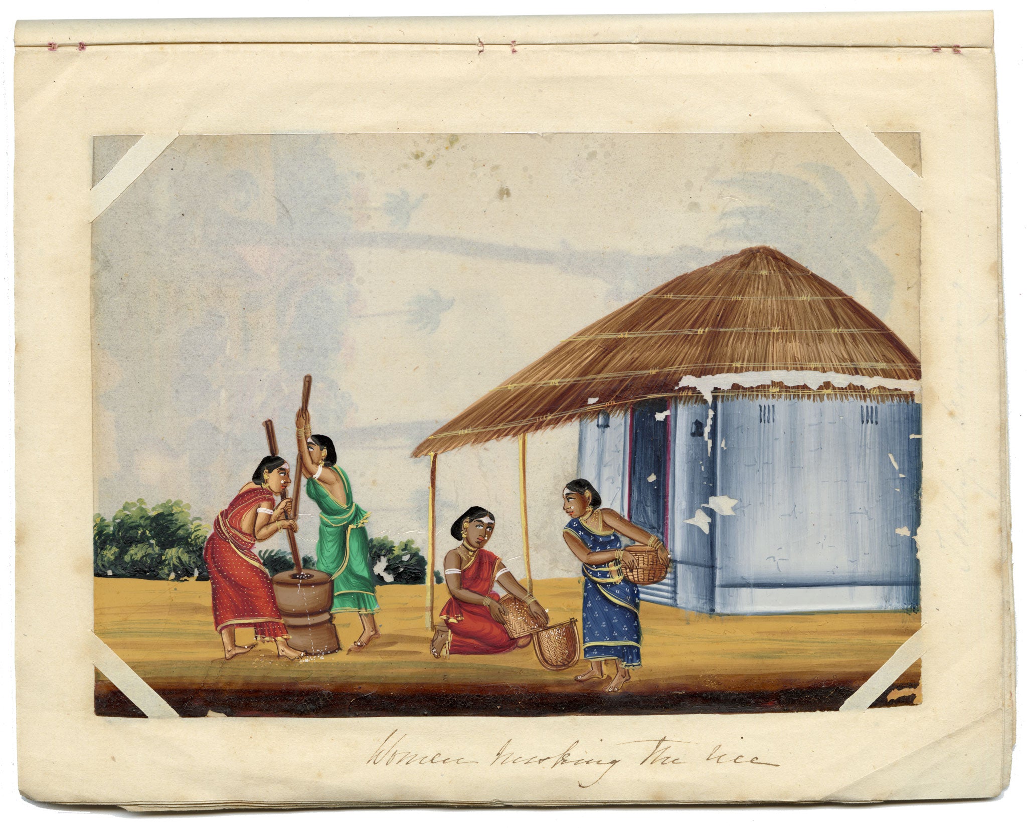 Indian Company School Mid-19th-century Gouache Mica Painting c.1850 – Women Husking the Rice
