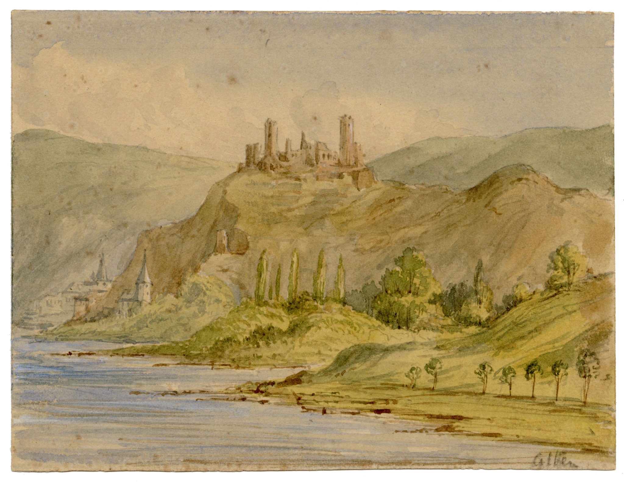 Anon., Thurant Castle, Alken, River Moselle, Germany – c.1874 watercolour painting