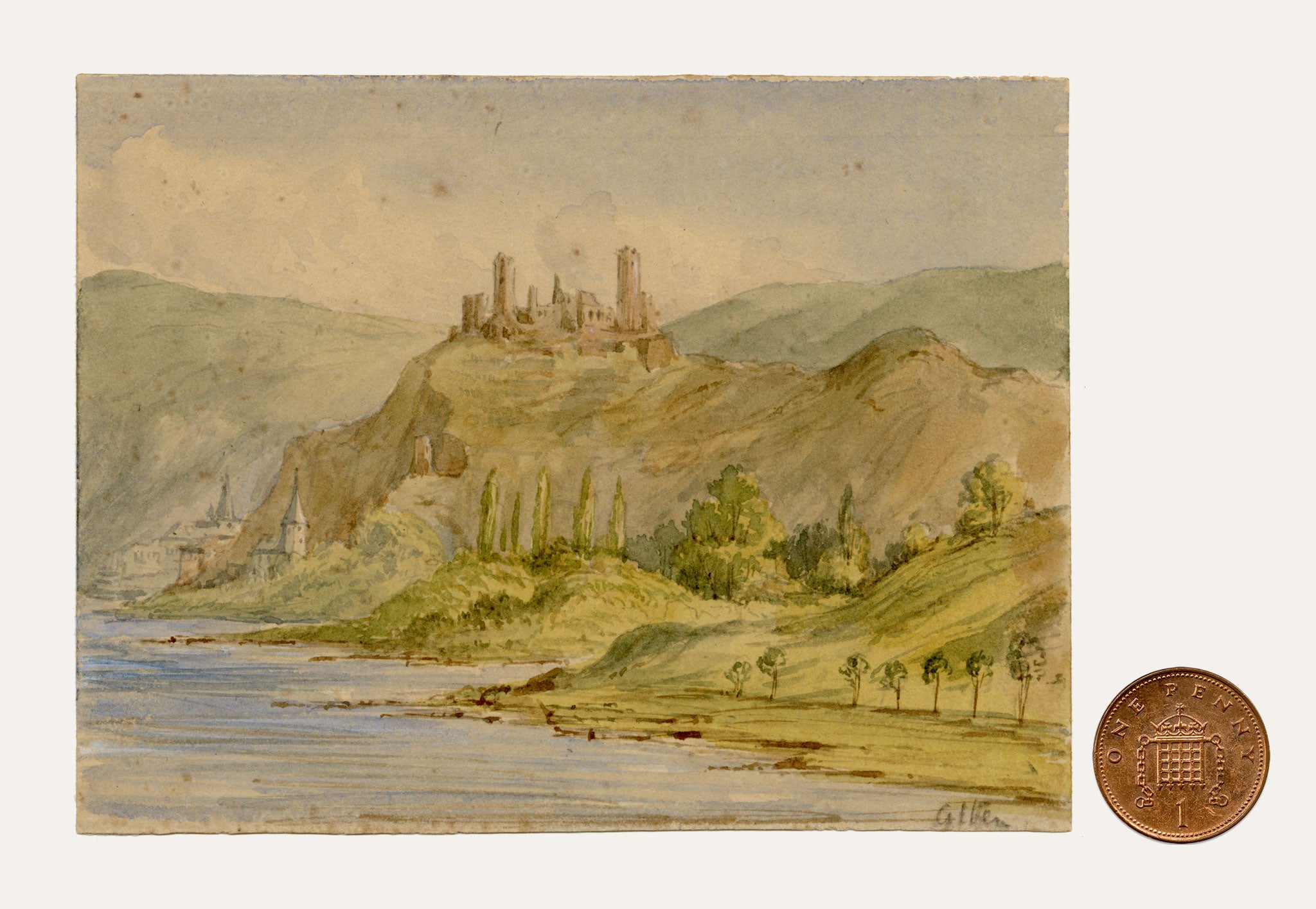 Anon., Thurant Castle, Alken, River Moselle, Germany – c.1874 watercolour painting