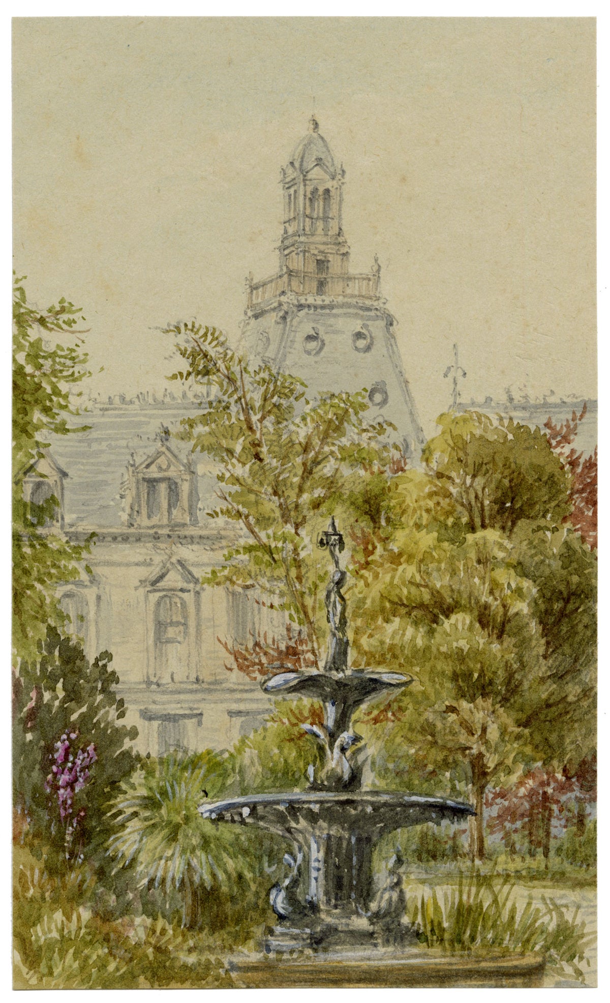 Anon., Public Garden Fountain, Rouen, France – c.1874 watercolour painting