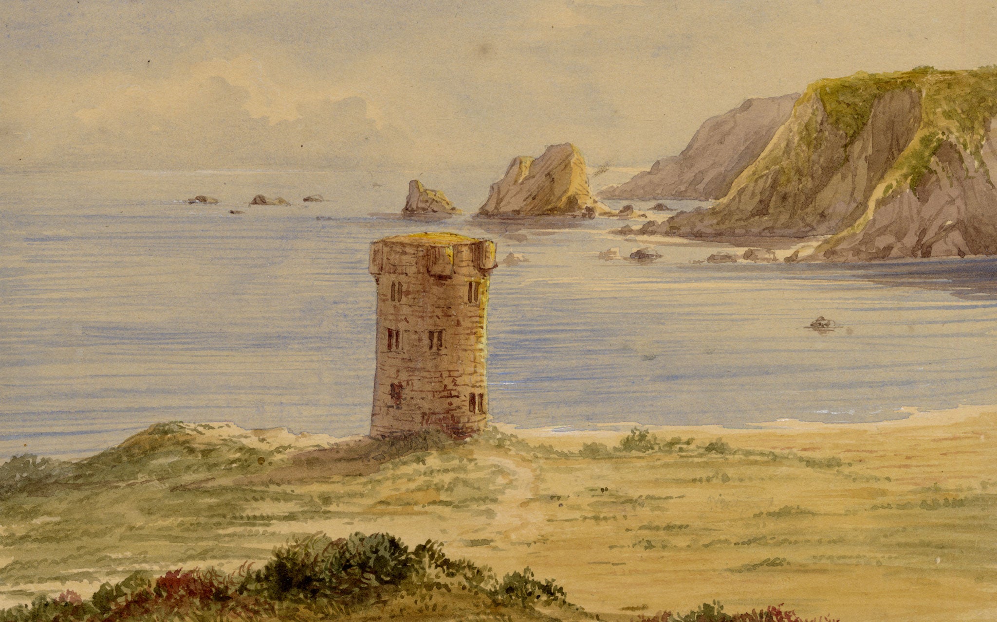Anon., Conway Tower, St Brelade's Bay, Jersey, Channel Islands – c.1874 watercolour painting